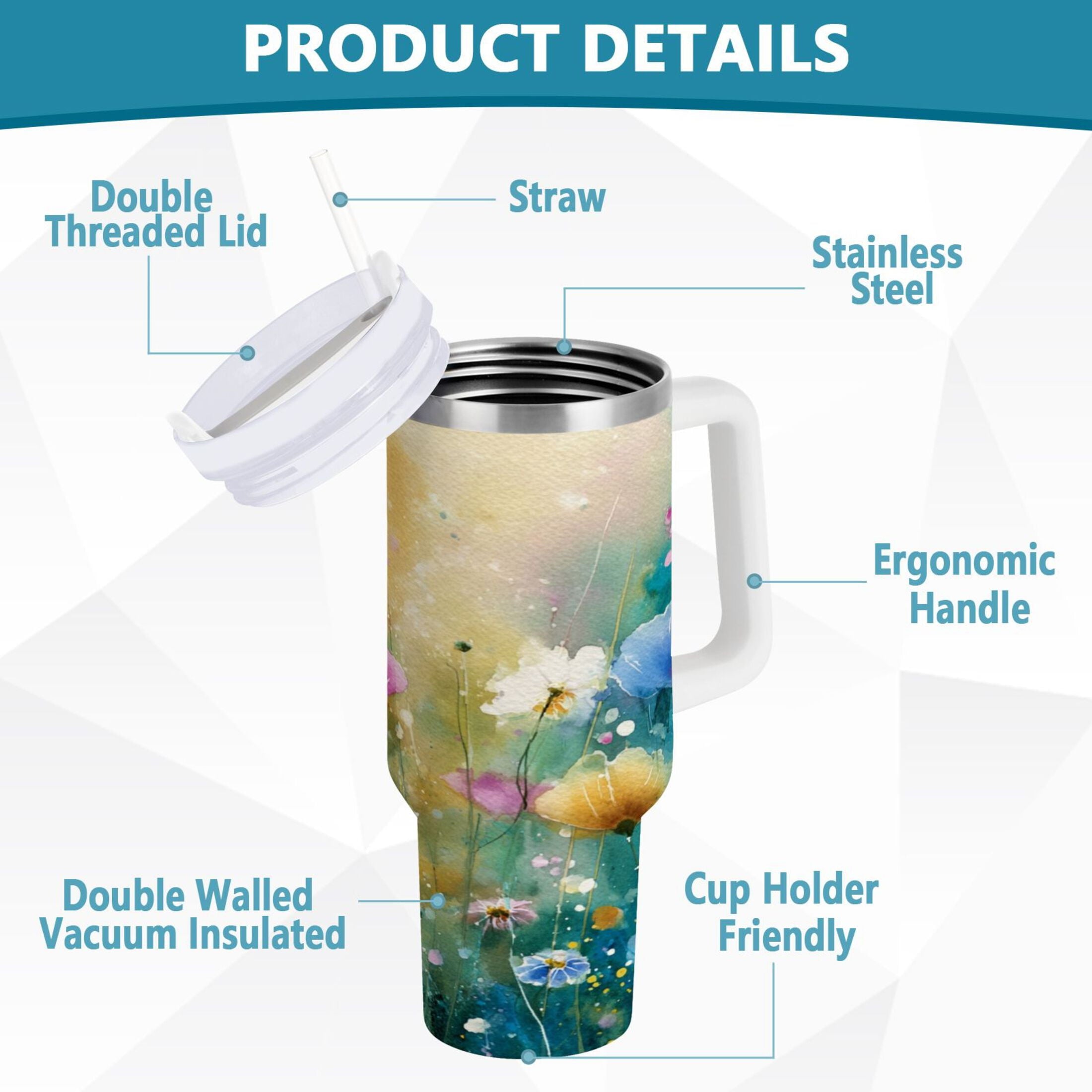 30 oz Insulated Stainless Steel Tumbler Double Wall Stainless Steel Tumbler with 2-Way Drinking Watercolor Wildflowers - Choice 776