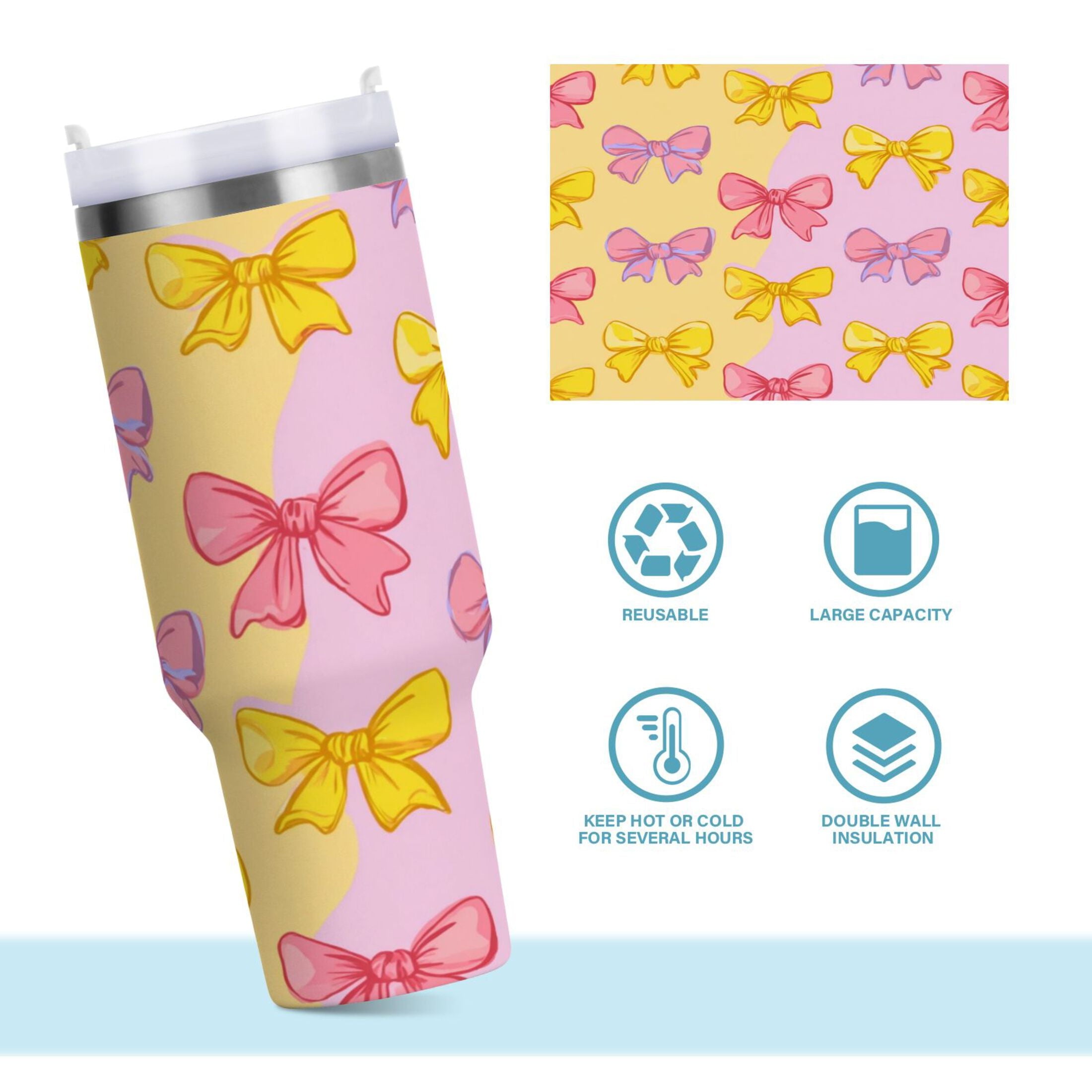 30 oz Insulated Stainless Steel Tumbler Double Wall Stainless Steel Tumbler with 2-Way Drinking Yellow and Pink Bows - Choice 374