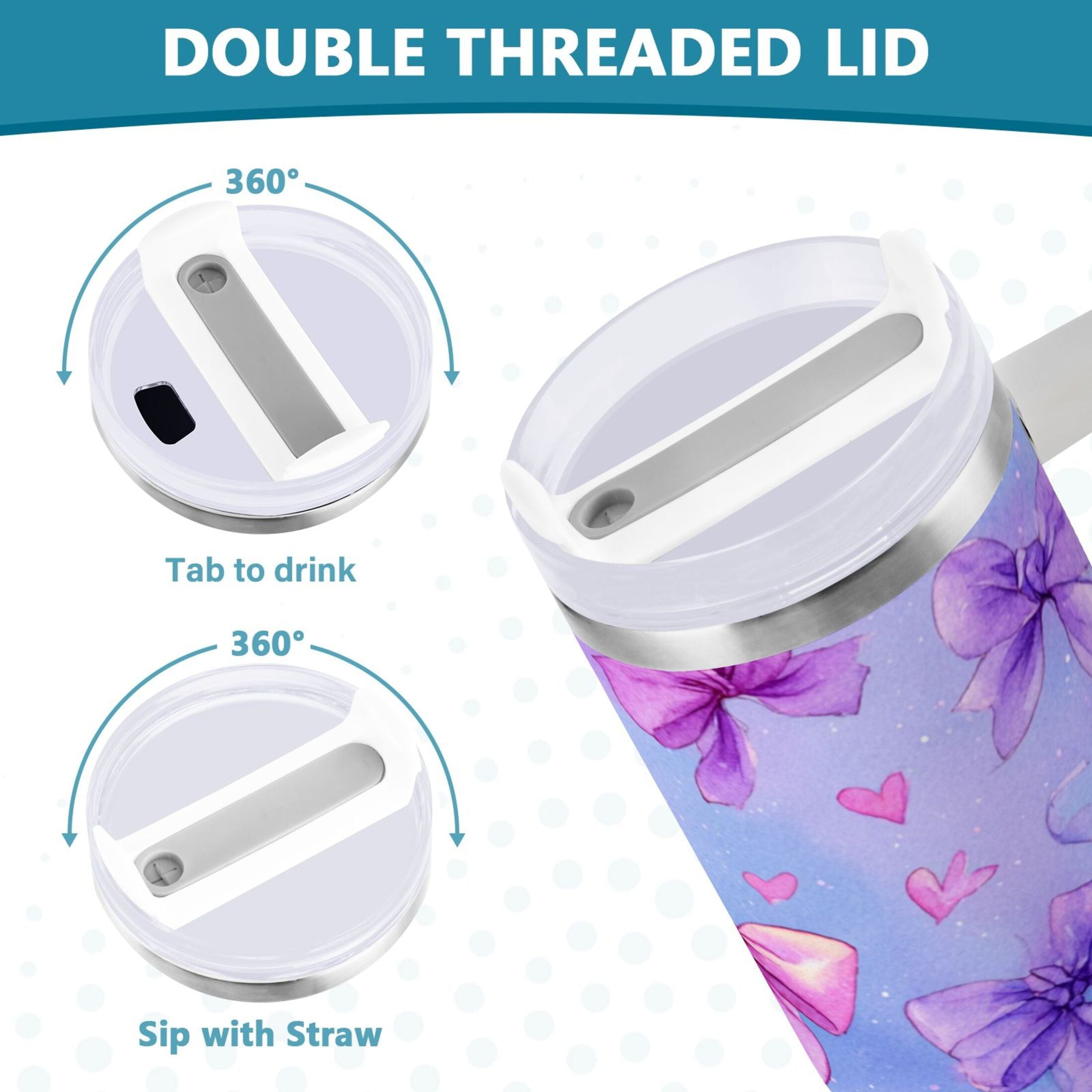 30 oz Insulated Stainless Steel Tumbler Double Wall Stainless Steel Tumbler with 2-Way Drinking Watercolor Bows Pattern - Choice 756