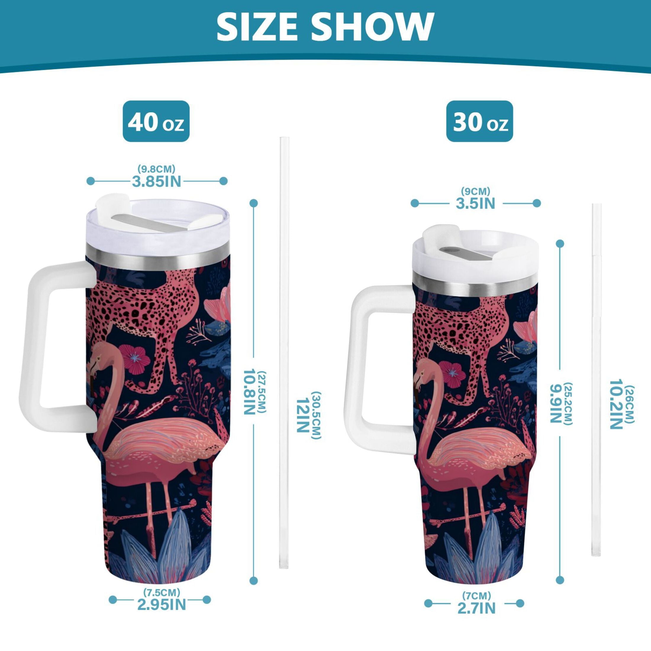 30 oz Insulated Stainless Steel Tumbler Double Wall Stainless Steel Tumbler with 2-Way Drinking Flamingos and Leopard Print - Choice 896