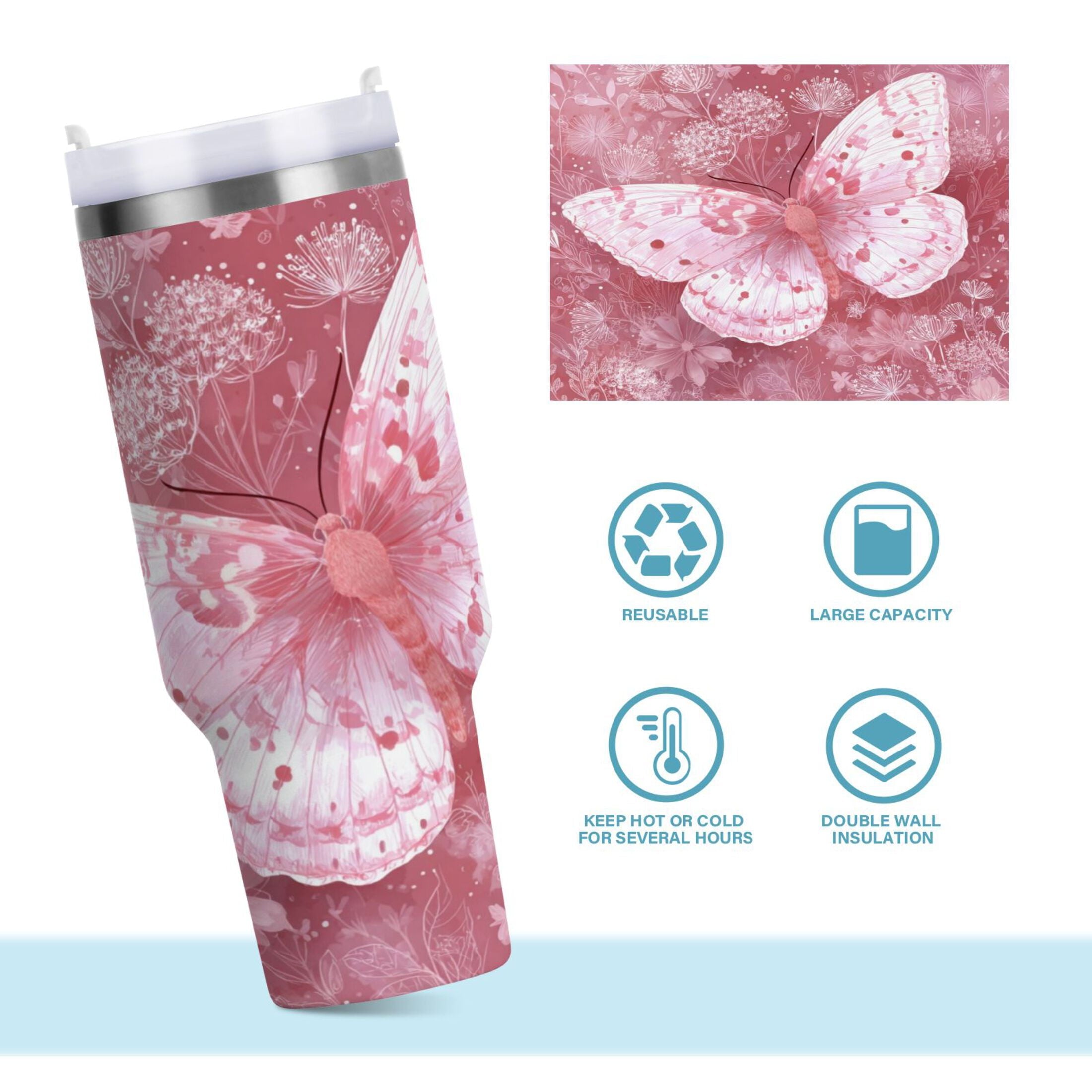30 oz Insulated Stainless Steel Tumbler Double Wall Stainless Steel Tumbler with 2-Way Drinking Soft Pink Butterfly - Choice 928