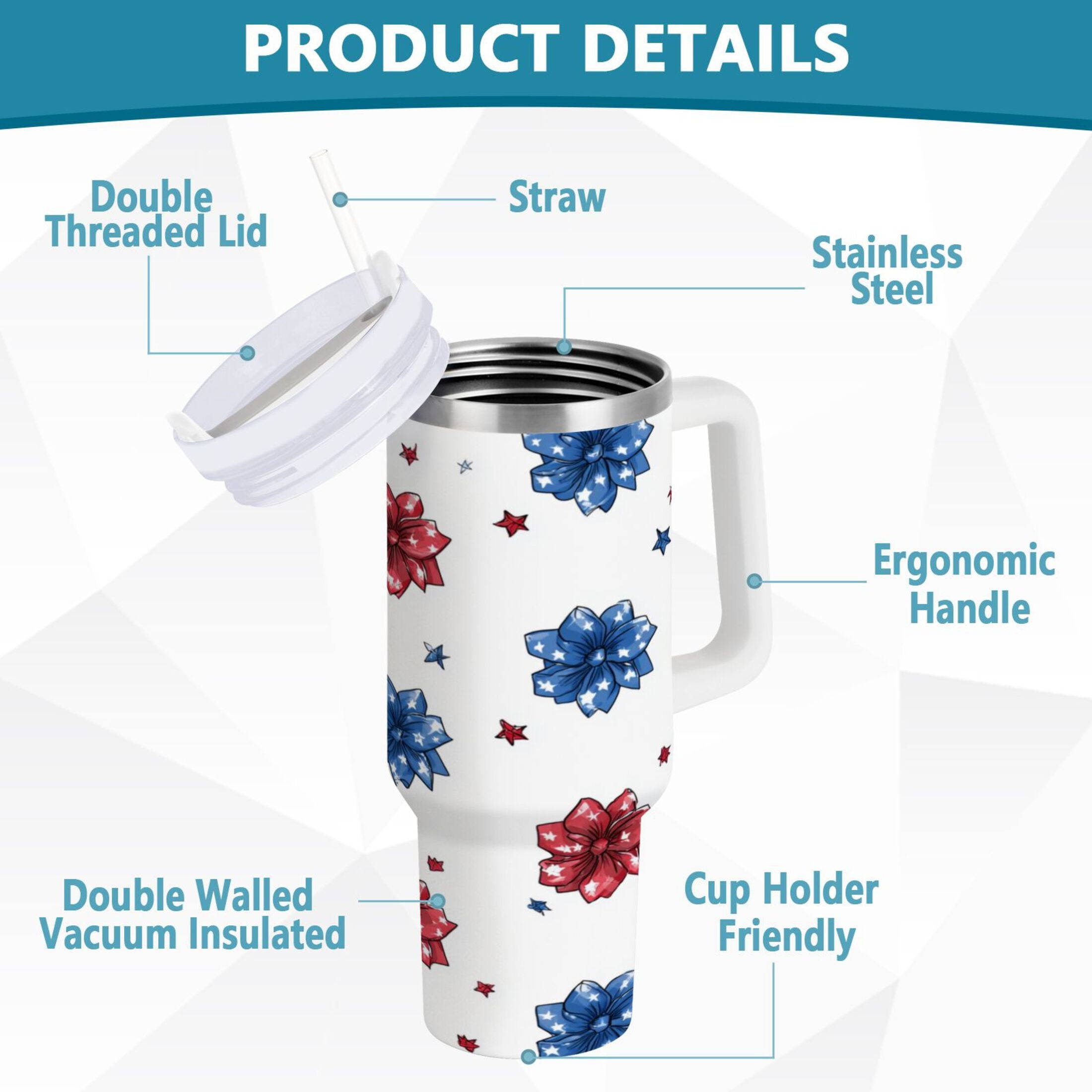 40 oz Insulated Stainless Steel Tumbler Double Wall Stainless Steel Tumbler with 2-Way Drinking Stars and Stripes Puttern Flower - Choice 209