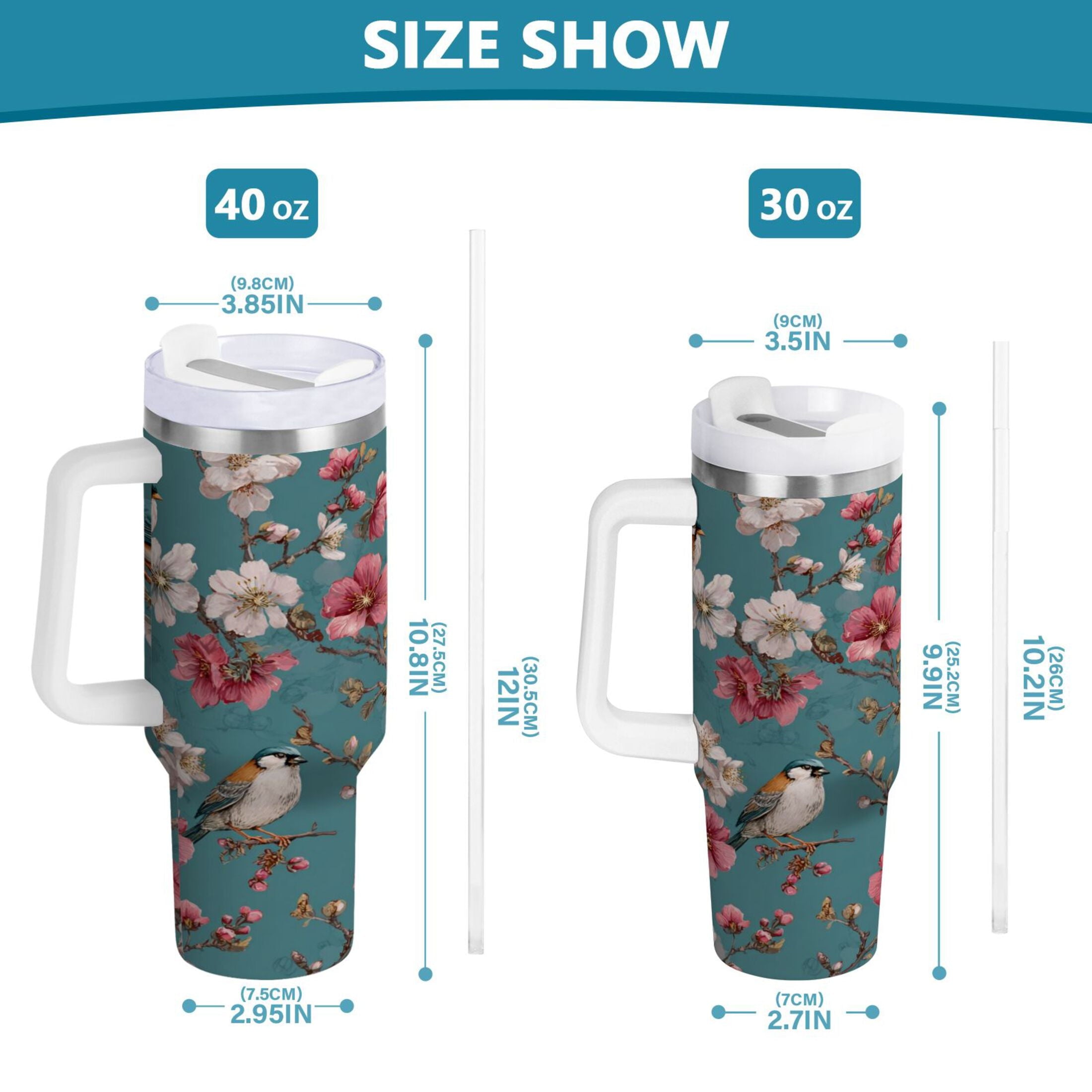 30 oz Insulated Stainless Steel Tumbler Double Wall Stainless Steel Tumbler with 2-Way Drinking Birds and Cherry Pattern - Choice 339