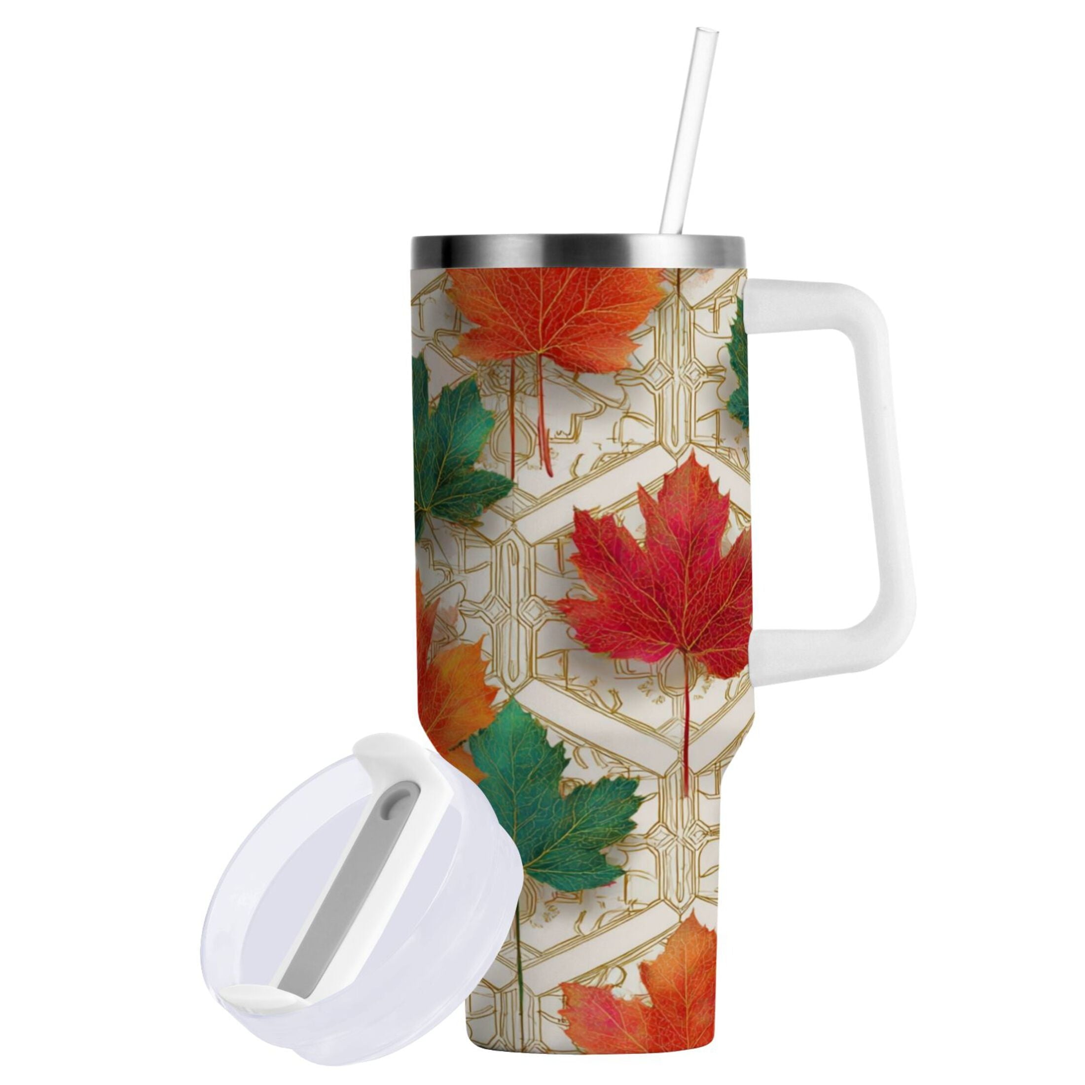 30 oz Insulated Stainless Steel Tumbler Double Wall Stainless Steel Tumbler with 2-Way Drinking Green and Red Maple Leaves - Choice 914