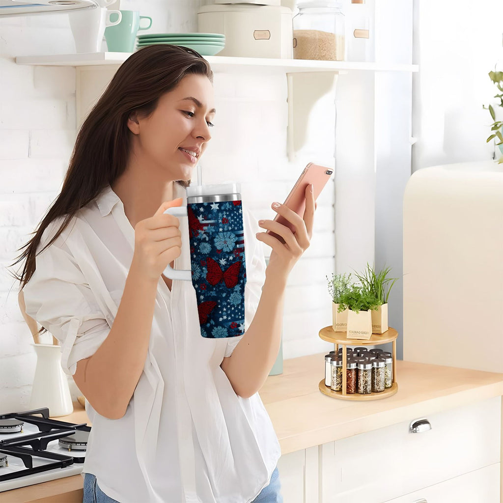 30 oz Insulated Stainless Steel Tumbler Double Wall Stainless Steel Tumbler with 2-Way Drinking Red Butterflies and Flags - Choice 680