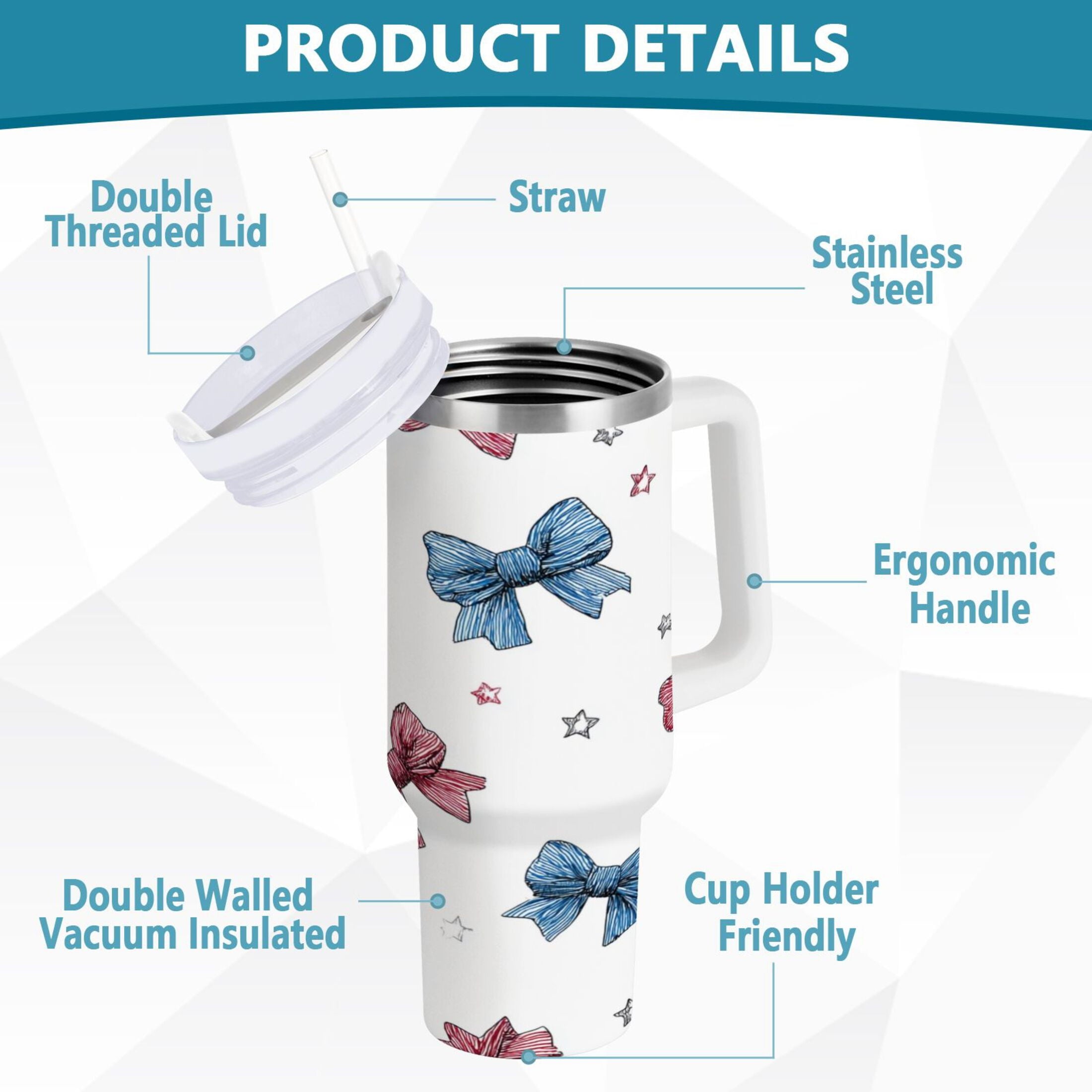 40 oz Insulated Stainless Steel Tumbler Double Wall Stainless Steel Tumbler with 2-Way Drinking Red and Blue Stripes Bows - Choice 936