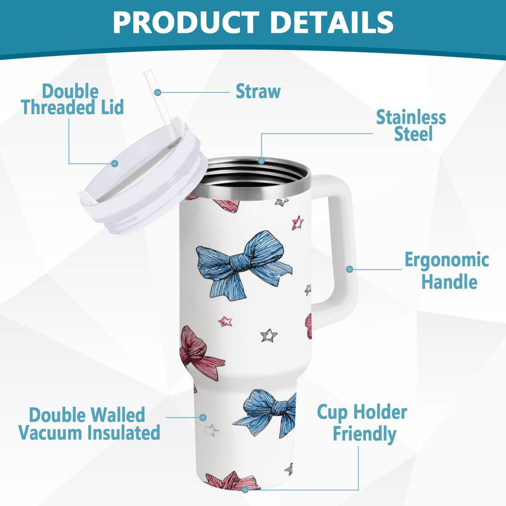 40 oz Insulated Stainless Steel Tumbler Double Wall Stainless Steel Tumbler with 2-Way Drinking Red and Blue Stripes Bows - Choice 936