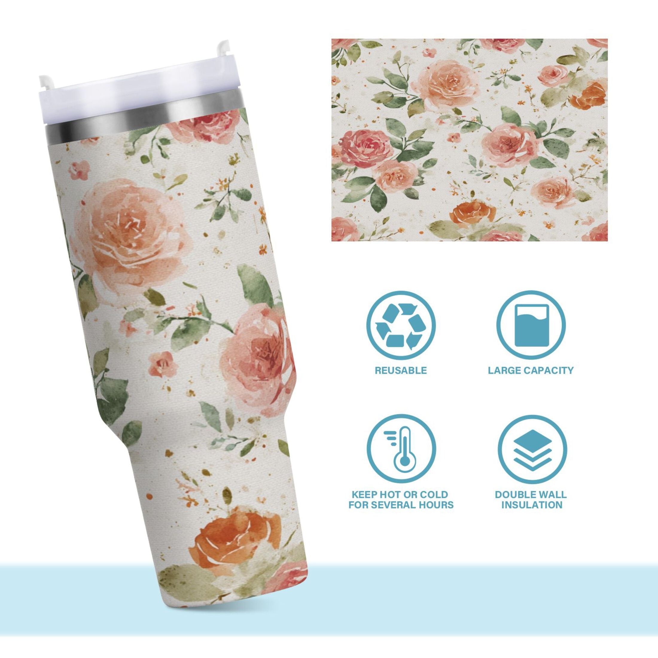 40 oz Insulated Stainless Steel Tumbler Double Wall Stainless Steel Tumbler with 2-Way Drinking Watercolor Rose Floral Pattern - Choice 233