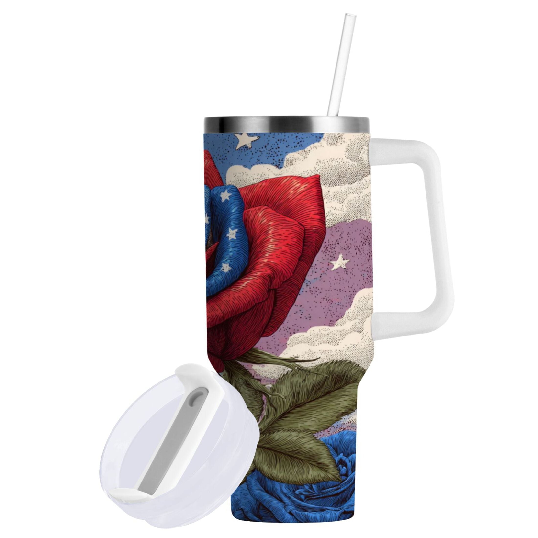 40 oz Insulated Stainless Steel Tumbler Double Wall Stainless Steel Tumbler with 2-Way Drinking Roses and Clouds - Choice 137
