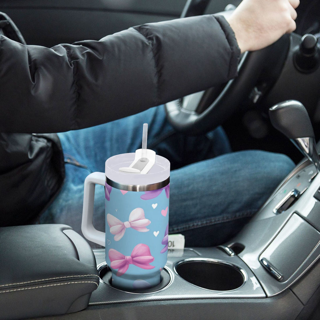 30 oz Insulated Stainless Steel Tumbler Double Wall Stainless Steel Tumbler with 2-Way Drinking Pink and Purple Bows - Choice 223