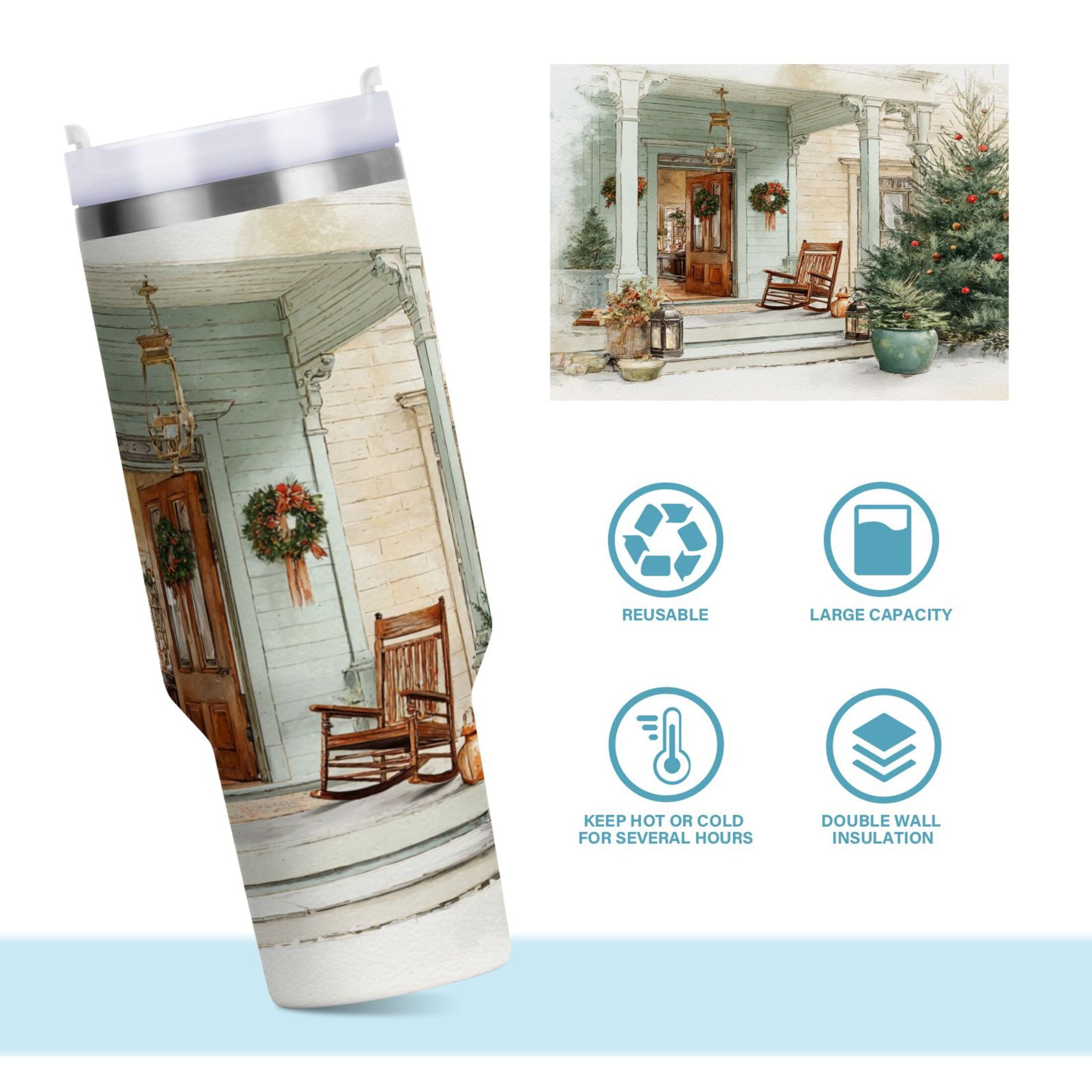 30 oz Insulated Stainless Steel Tumbler Double Wall Stainless Steel Tumbler with 2-Way Drinking Charming Christmas Doorway - Choice 345