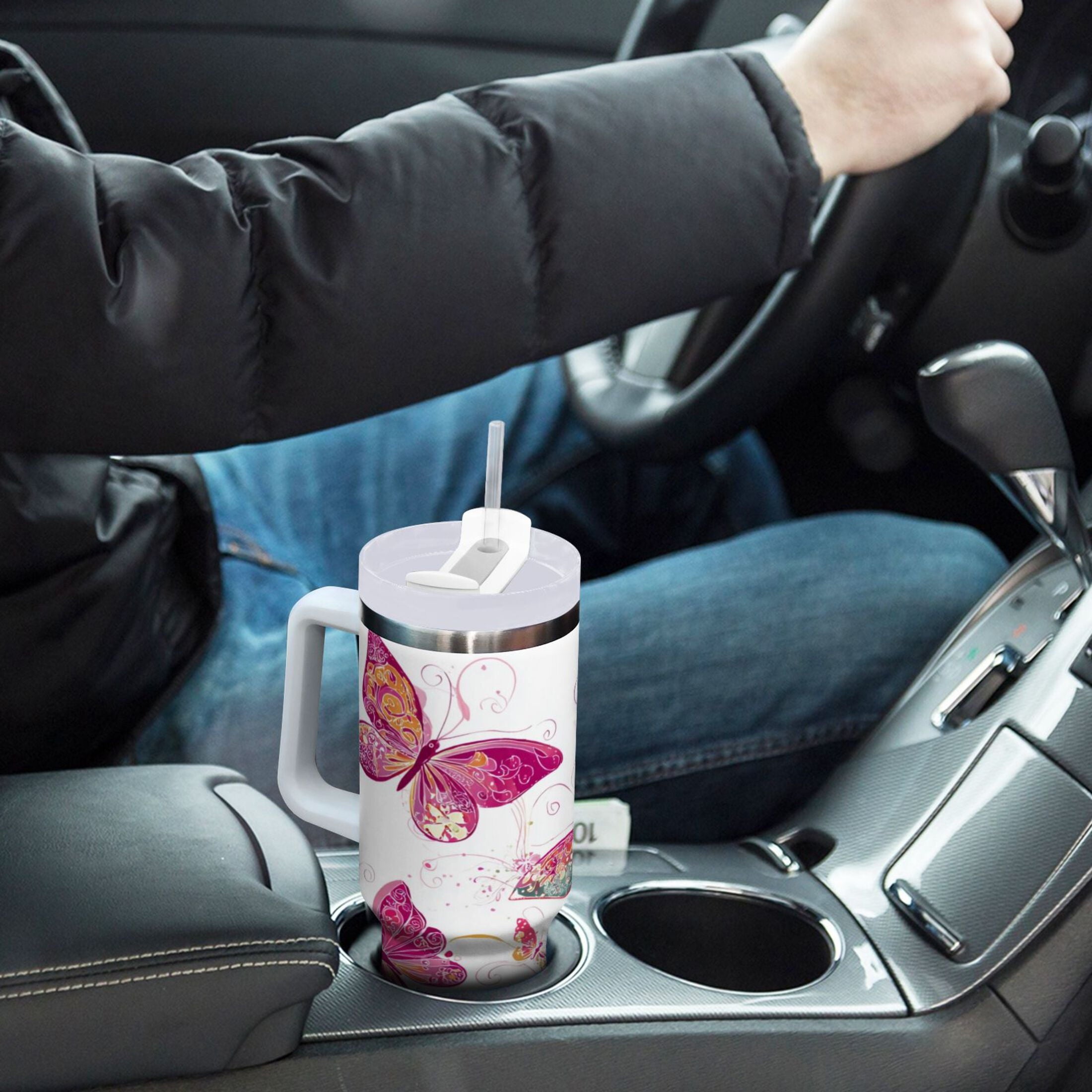30 oz Insulated Stainless Steel Tumbler Double Wall Stainless Steel Tumbler with 2-Way Drinking Colorful Butterflies - Choice 575