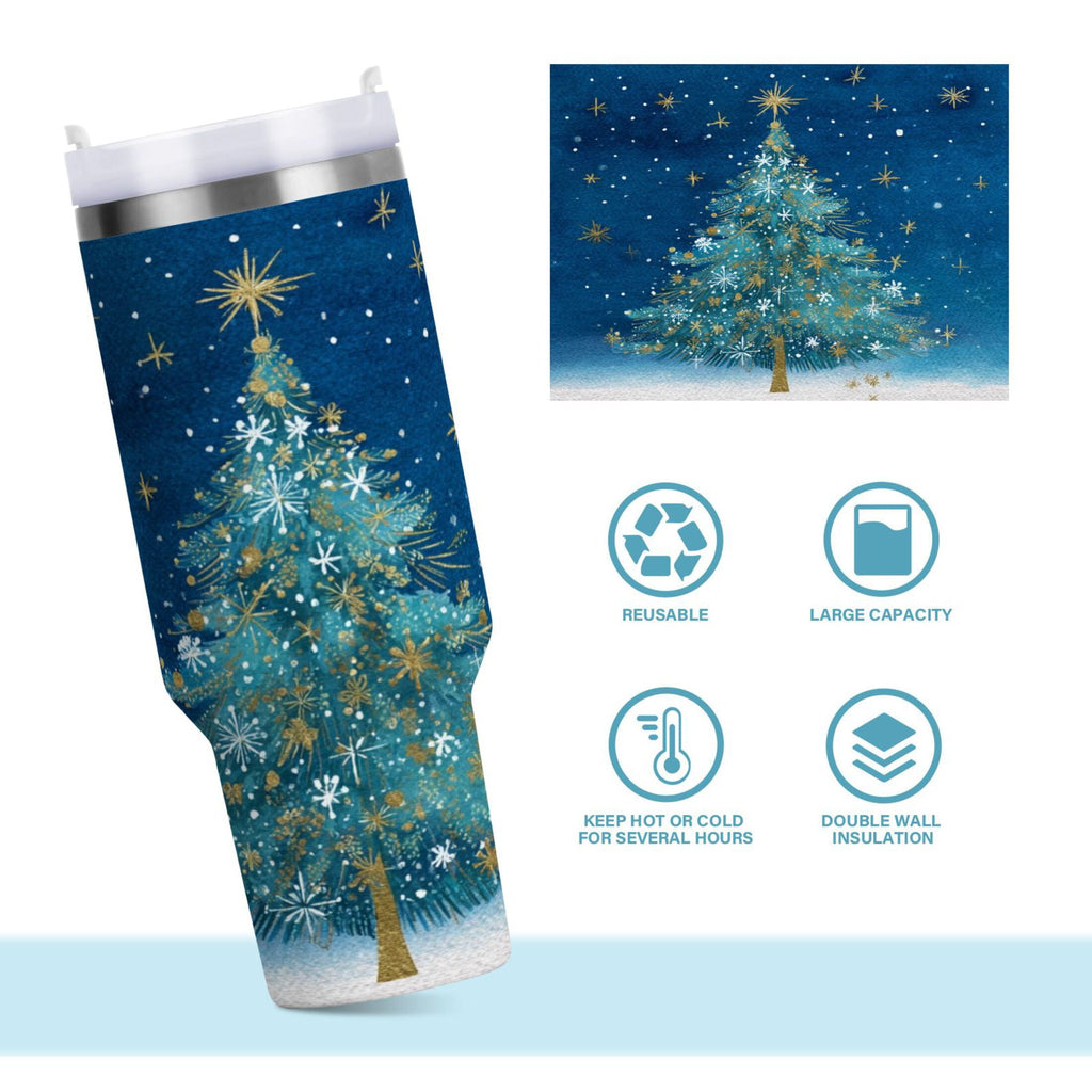 40 oz Insulated Stainless Steel Tumbler Double Wall Stainless Steel Tumbler with 2-Way Drinking Watercolor Christmas Tree - Choice 733