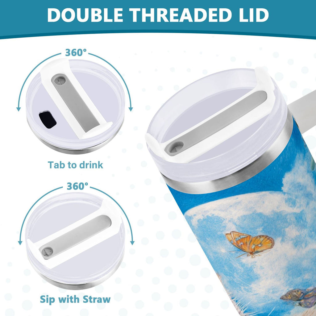 40 oz Insulated Stainless Steel Tumbler Double Wall Stainless Steel Tumbler with 2-Way Drinking Playful Cat Lying Sunflowers - Choice 895
