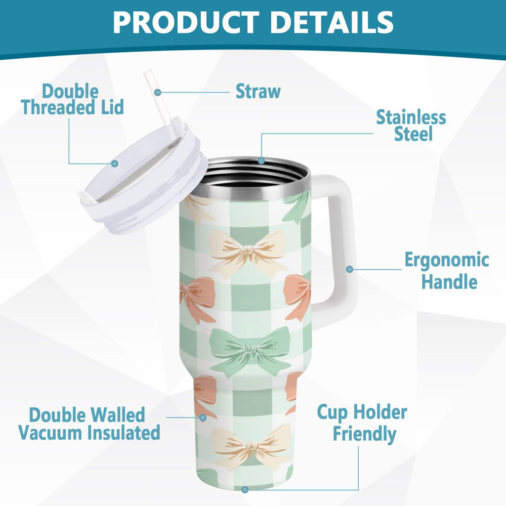 40 oz Insulated Stainless Steel Tumbler Double Wall Stainless Steel Tumbler with 2-Way Drinking Green and Peach Bow Pattern - Choice 304