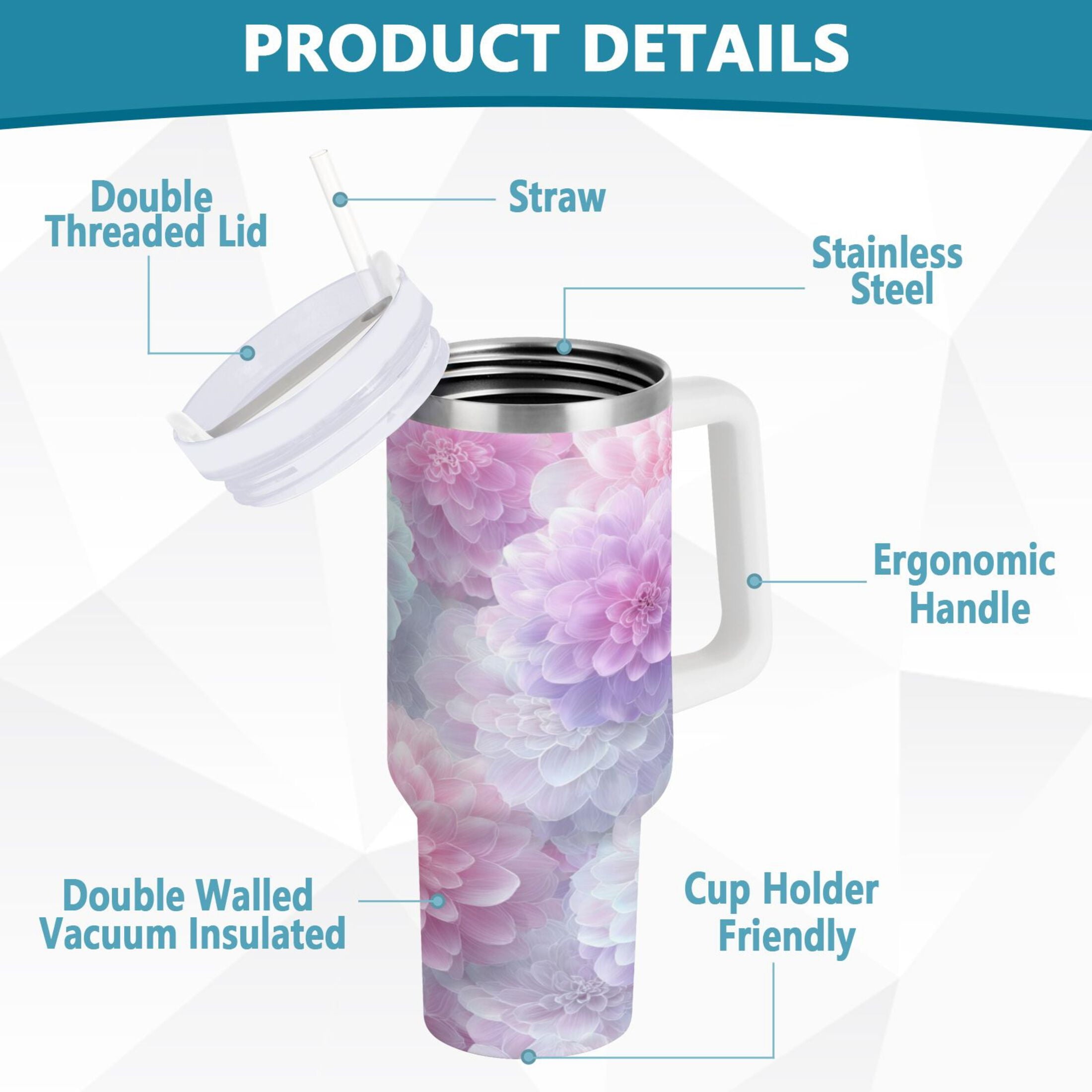 30 oz Insulated Stainless Steel Tumbler Double Wall Stainless Steel Tumbler with 2-Way Drinking Cute Pastel Watercolor Floral - Choice 147