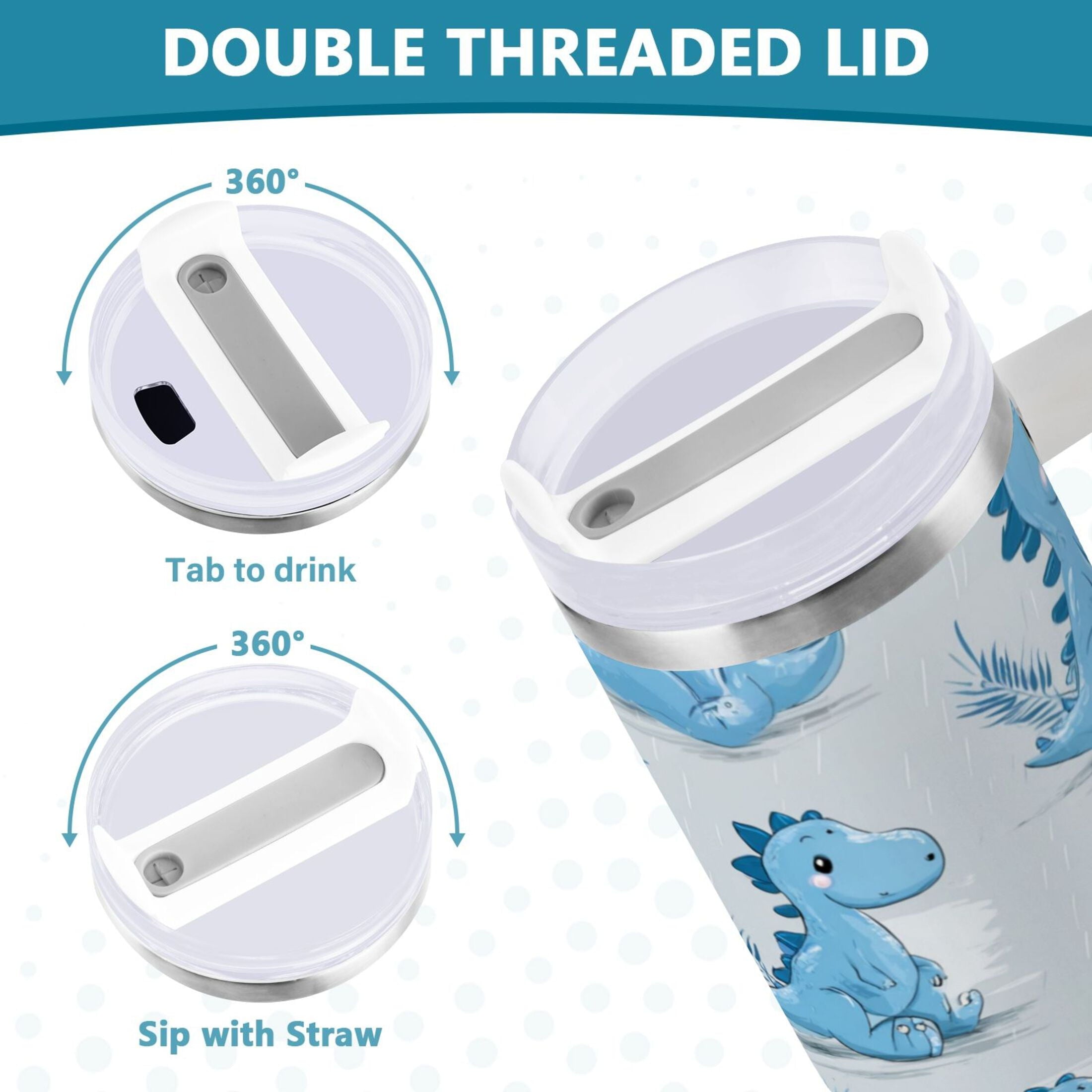 30 oz Insulated Stainless Steel Tumbler Double Wall Stainless Steel Tumbler with 2-Way Drinking Cartoon Blue Dinosaurs - Choice 815