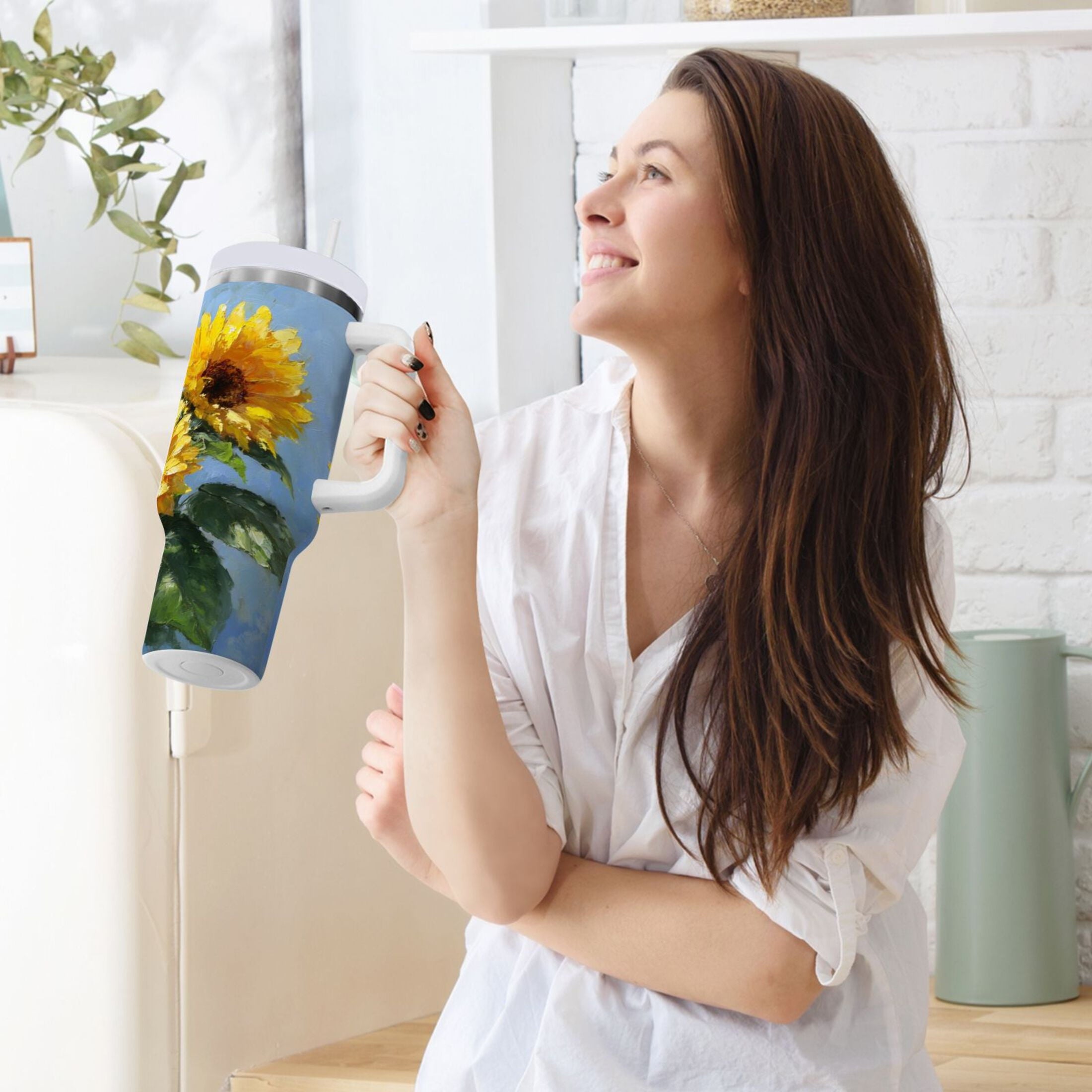 40 oz Insulated Stainless Steel Tumbler Double Wall Stainless Steel Tumbler with 2-Way Drinking Sunflowers Painting - Choice 390