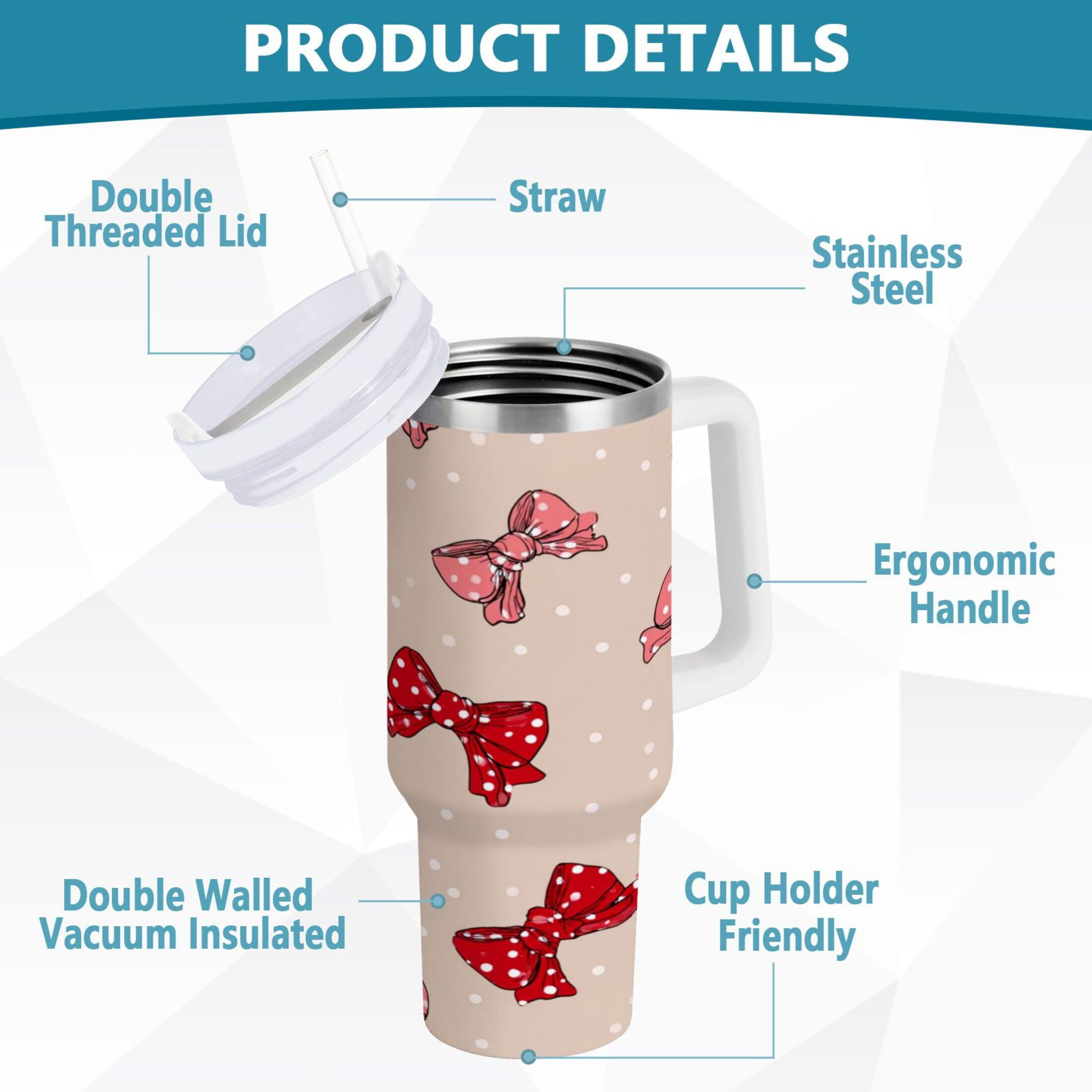 30 oz Insulated Stainless Steel Tumbler Double Wall Stainless Steel Tumbler with 2-Way Drinking Cute Red Bows Pattern - Choice 902