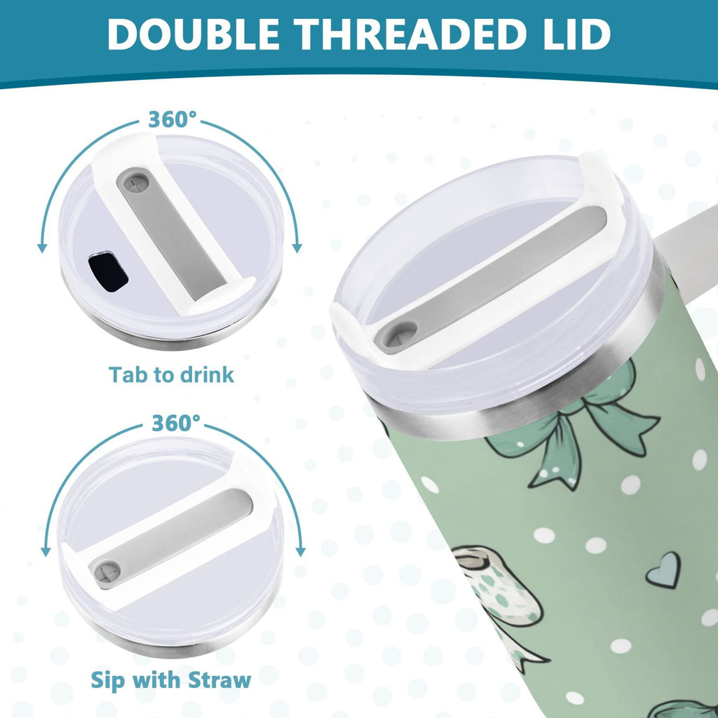 30 oz Insulated Stainless Steel Tumbler Double Wall Stainless Steel Tumbler with 2-Way Drinking Green and Mint Bows - Choice 428