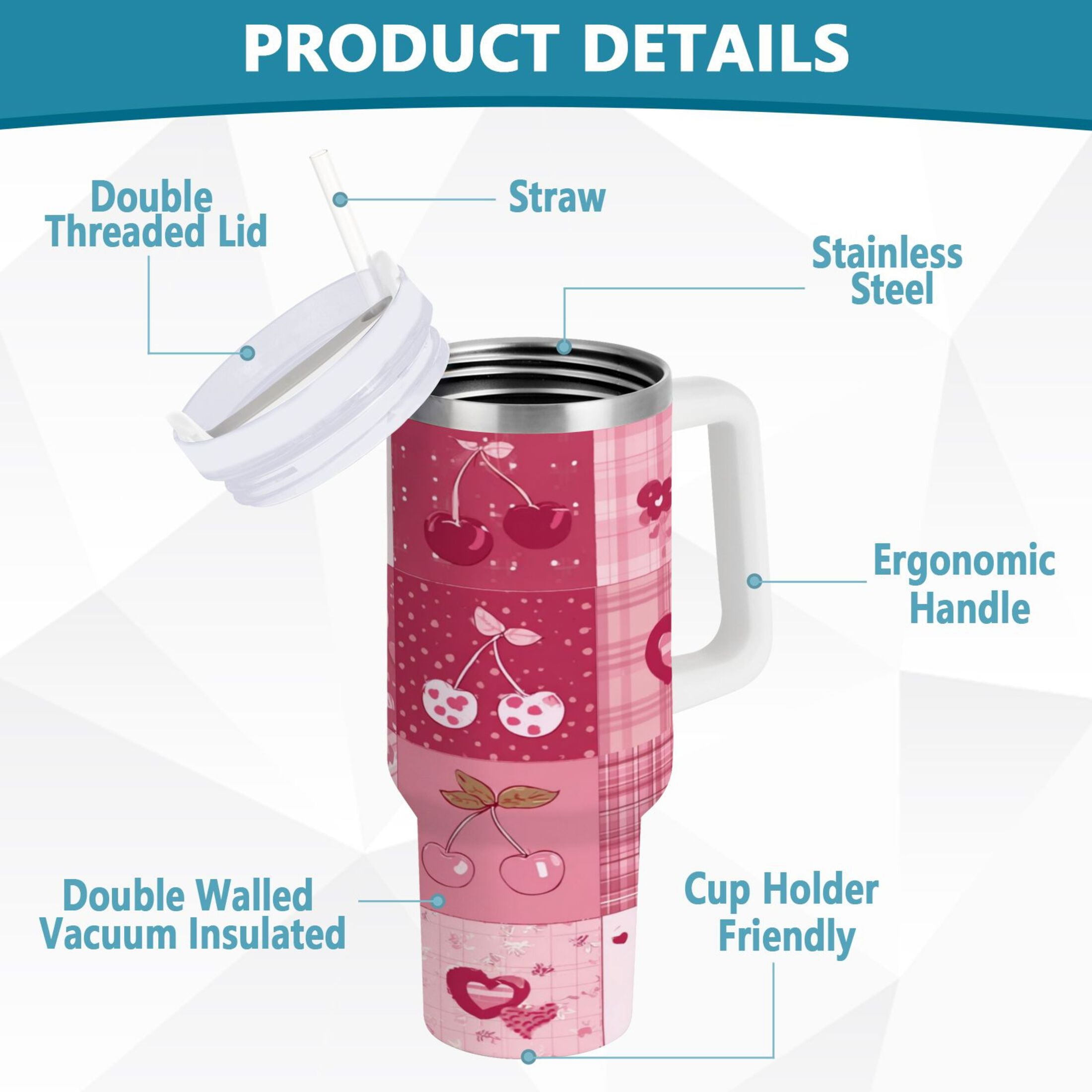 30 oz Insulated Stainless Steel Tumbler Double Wall Stainless Steel Tumbler with 2-Way Drinking Cherry Pattern with Bows - Choice 897
