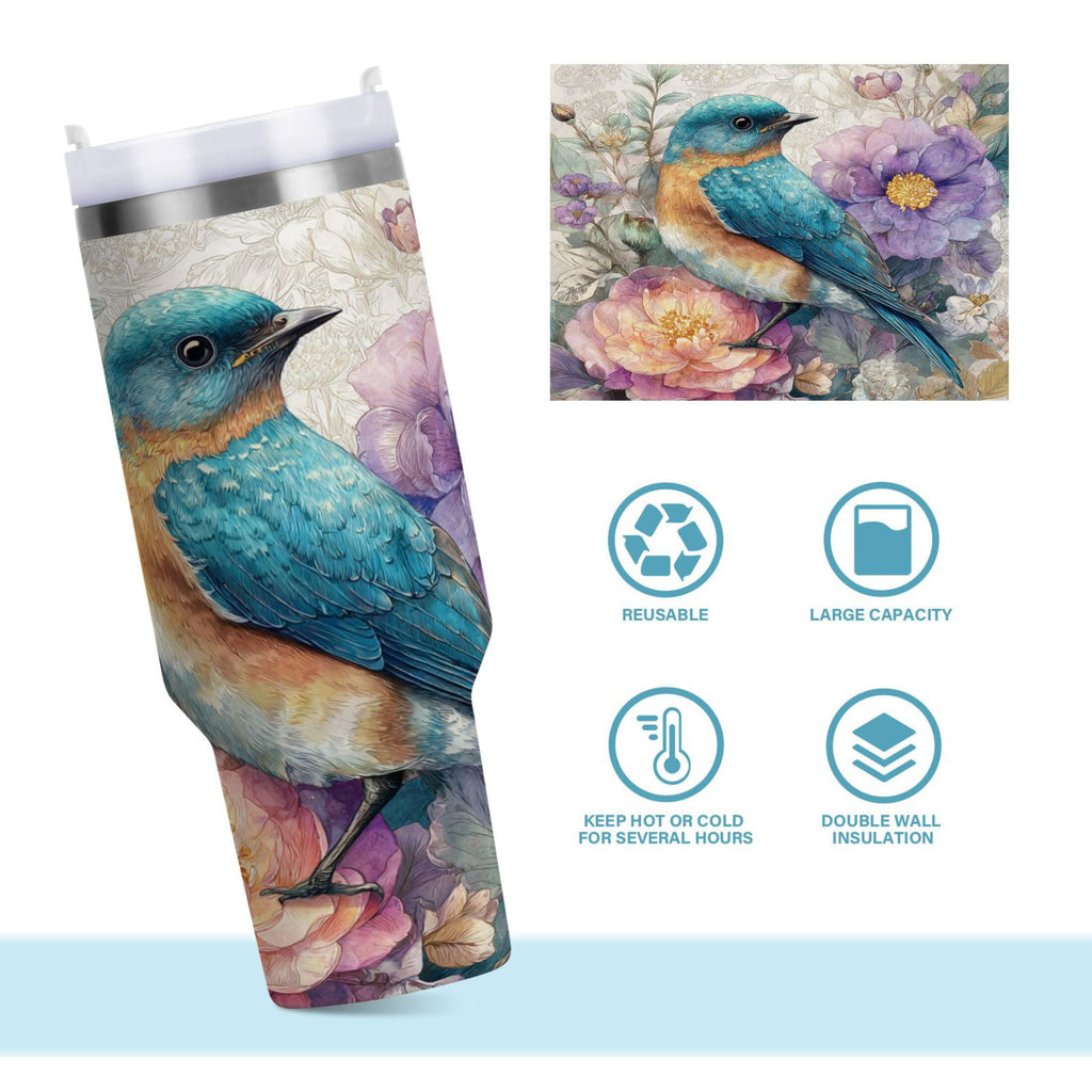 30 oz Insulated Stainless Steel Tumbler Double Wall Stainless Steel Tumbler with 2-Way Drinking Bluebird and Flower - Choice 992