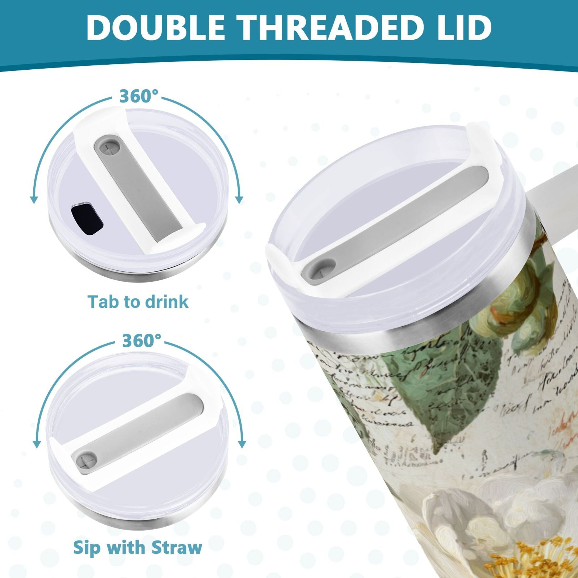40 oz Insulated Stainless Steel Tumbler Double Wall Stainless Steel Tumbler with 2-Way Drinking Vintage White Camellias - Choice 737