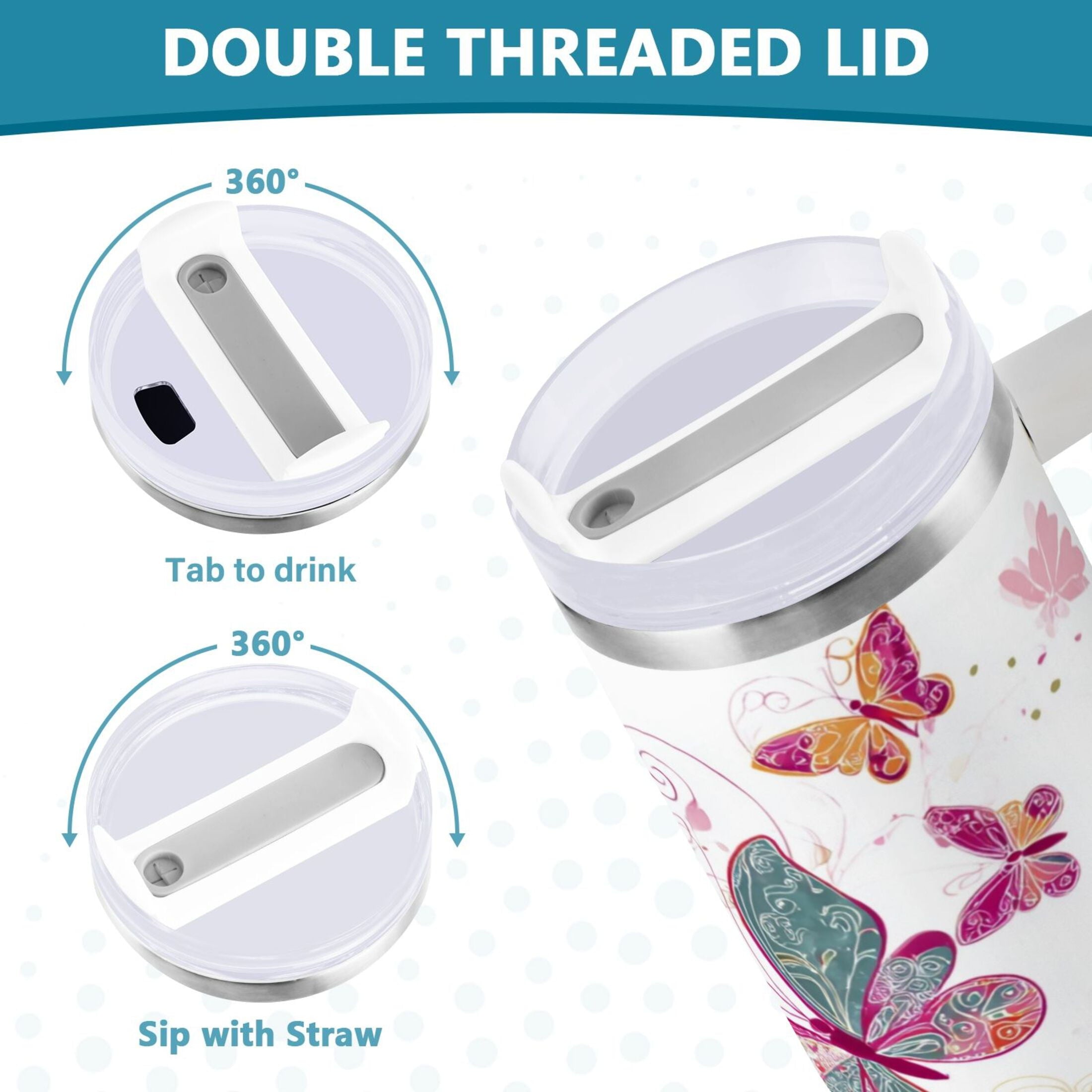 30 oz Insulated Stainless Steel Tumbler Double Wall Stainless Steel Tumbler with 2-Way Drinking Colorful Butterflies - Choice 575