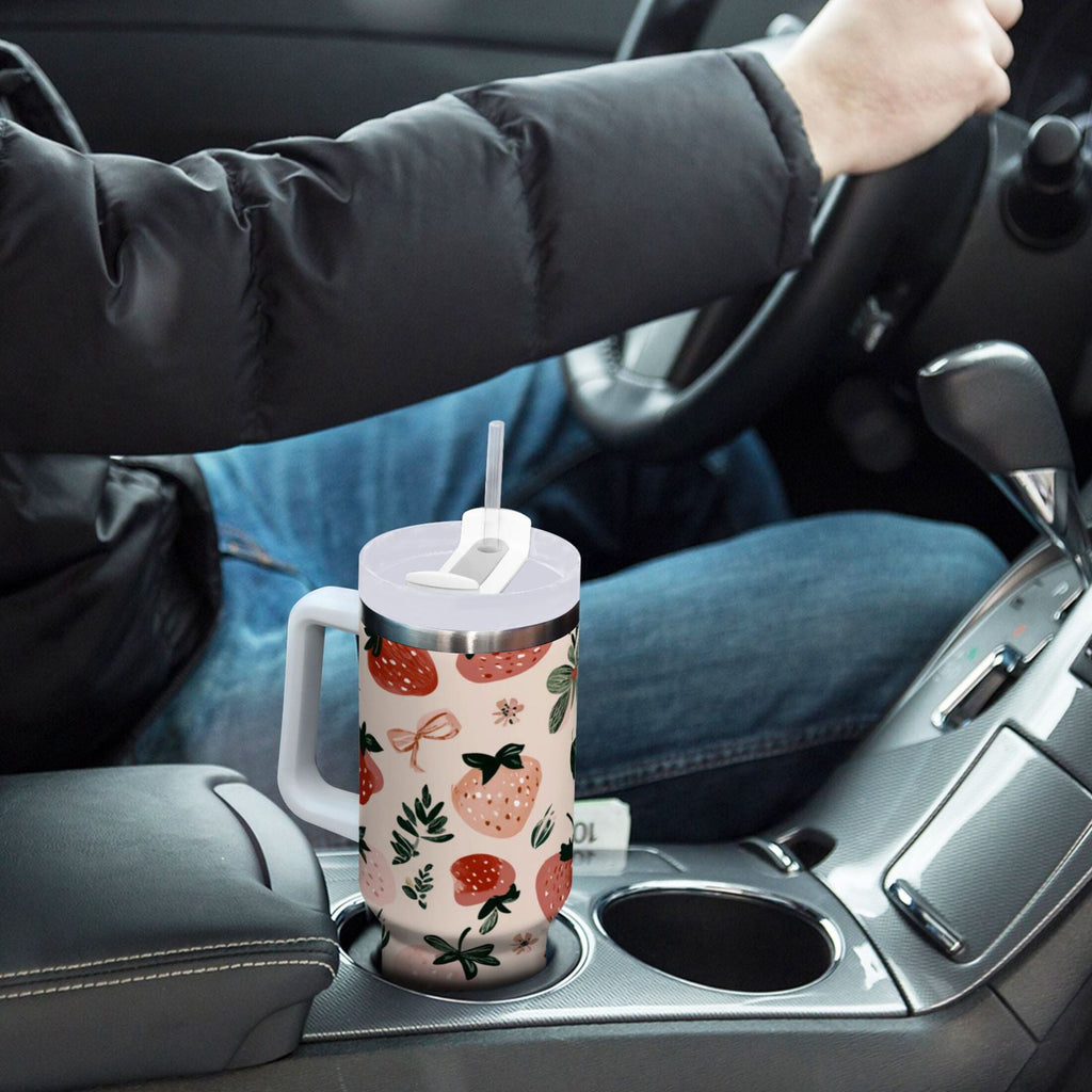 30 oz Insulated Stainless Steel Tumbler Double Wall Stainless Steel Tumbler with 2-Way Drinking Cute Pinks Strawberries - Choice 489