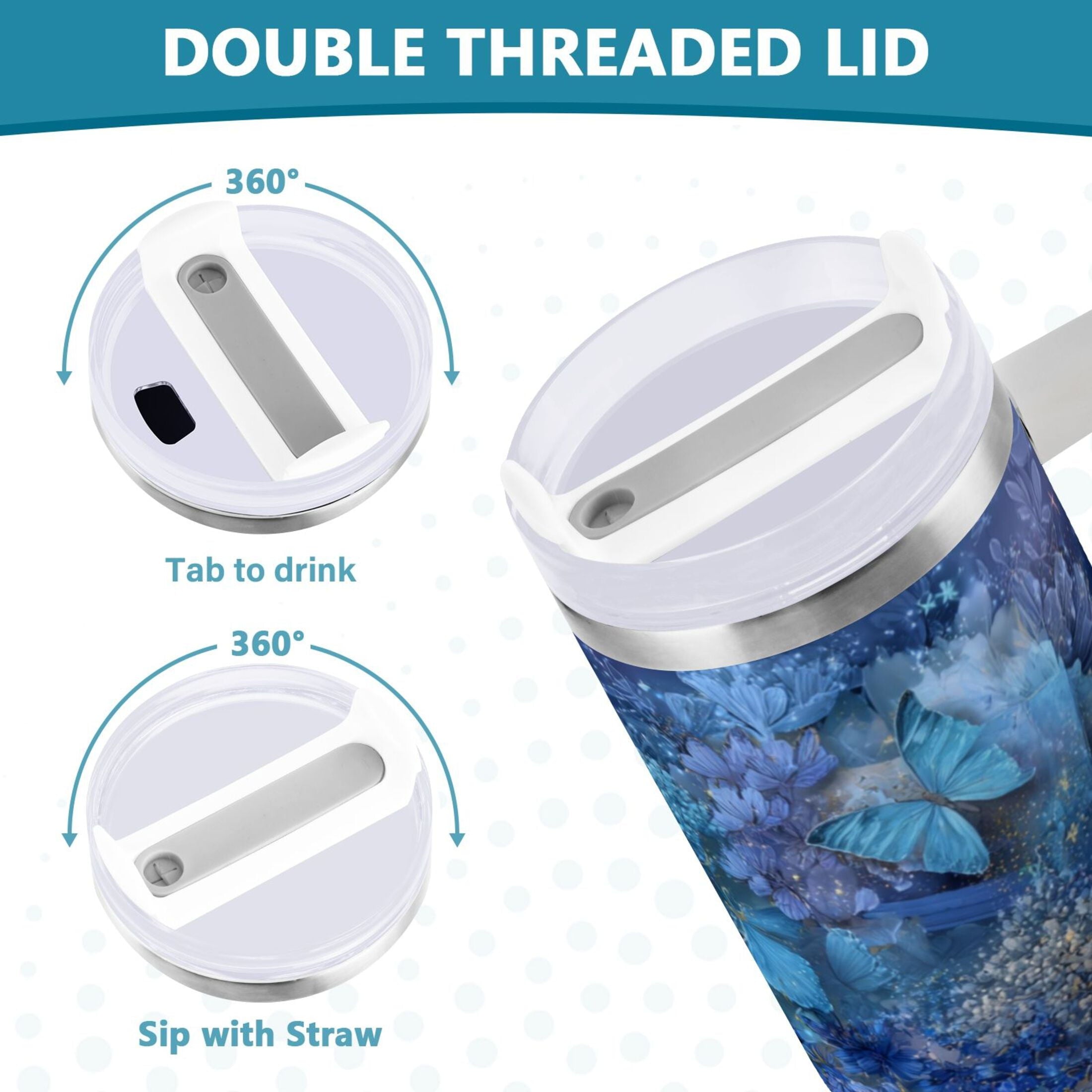 30 oz Insulated Stainless Steel Tumbler Double Wall Stainless Steel Tumbler with 2-Way Drinking Butterflies Books and Flowers - Choice 216