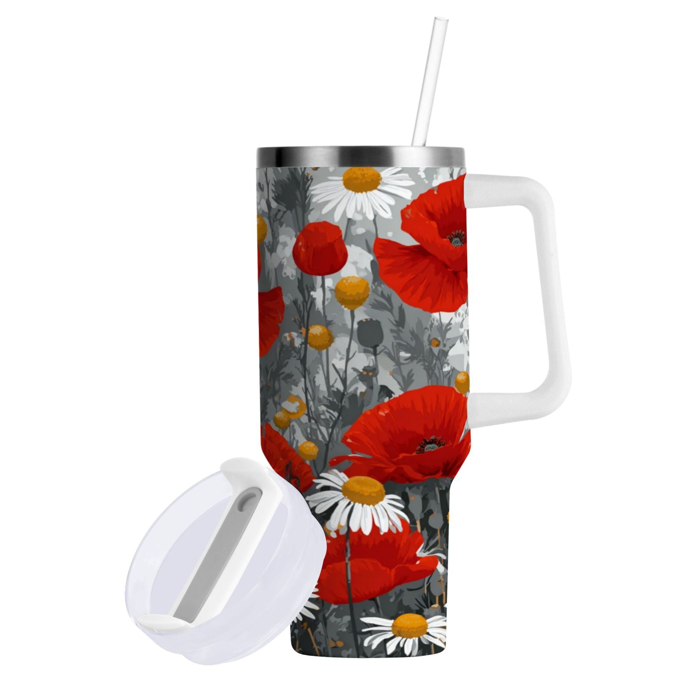 40 oz Insulated Stainless Steel Tumbler Double Wall Stainless Steel Tumbler with 2-Way Drinking Red Flowers and Daisies - Choice 804