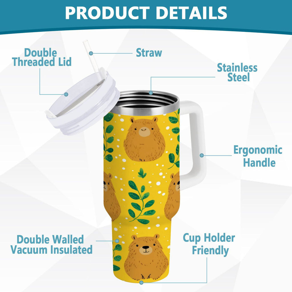 30 oz Insulated Stainless Steel Tumbler Double Wall Stainless Steel Tumbler with 2-Way Drinking Capybara and Green Leaves - Choice 877