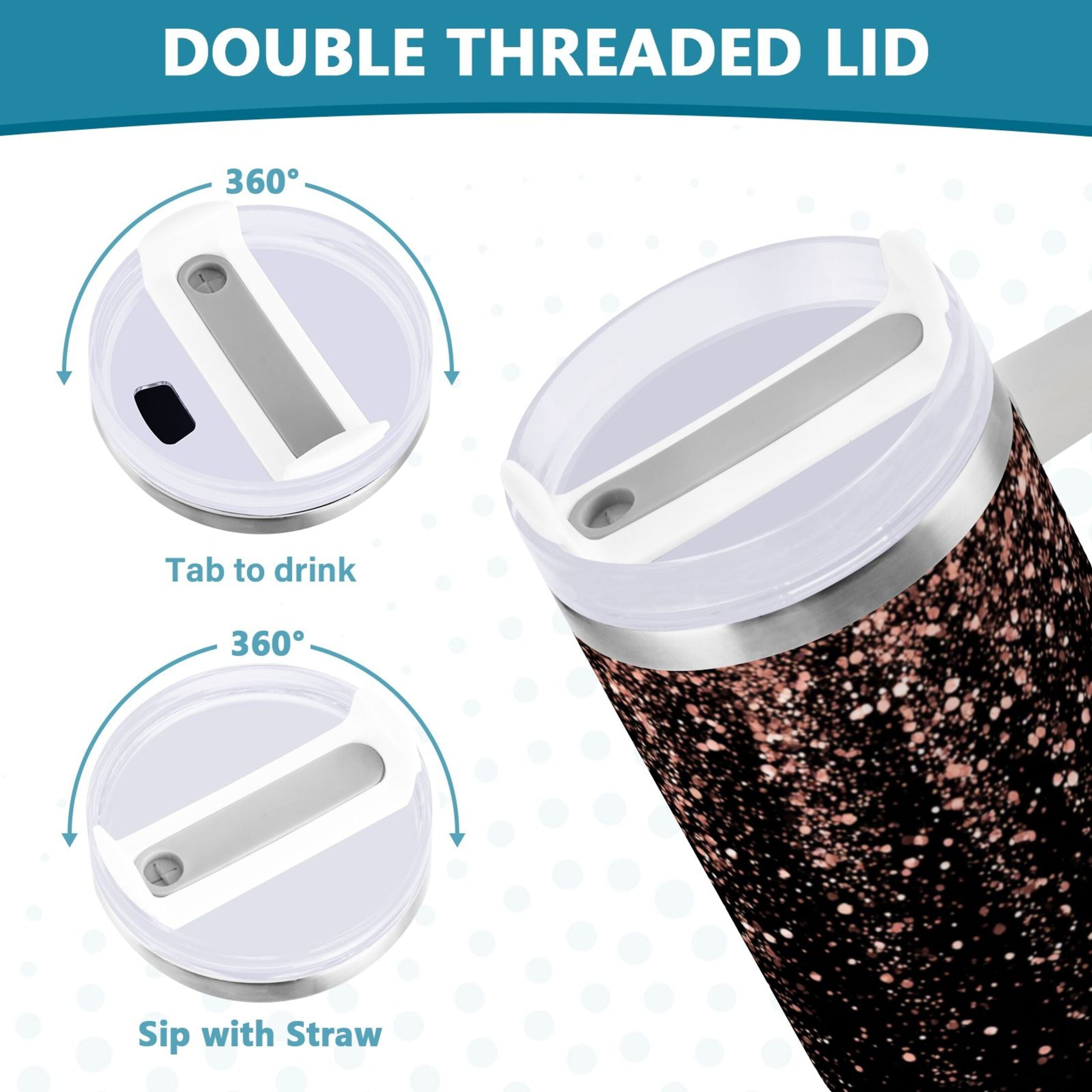 40 oz Insulated Stainless Steel Tumbler Double Wall Stainless Steel Tumbler with 2-Way Drinking Rose Gold Glitter - Choice 608