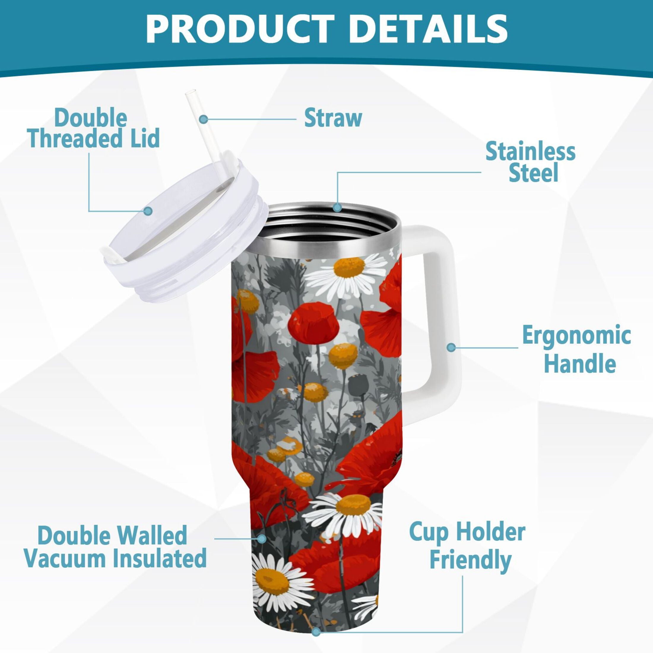 40 oz Insulated Stainless Steel Tumbler Double Wall Stainless Steel Tumbler with 2-Way Drinking Red Flowers and Daisies - Choice 804