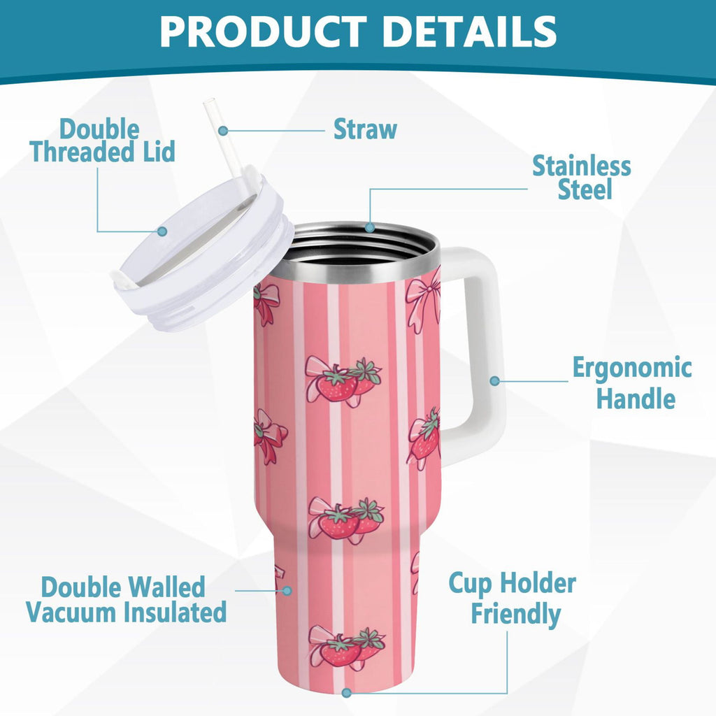 30 oz Insulated Stainless Steel Tumbler Double Wall Stainless Steel Tumbler with 2-Way Drinking Pink Bows and Strawberries - Choice 441