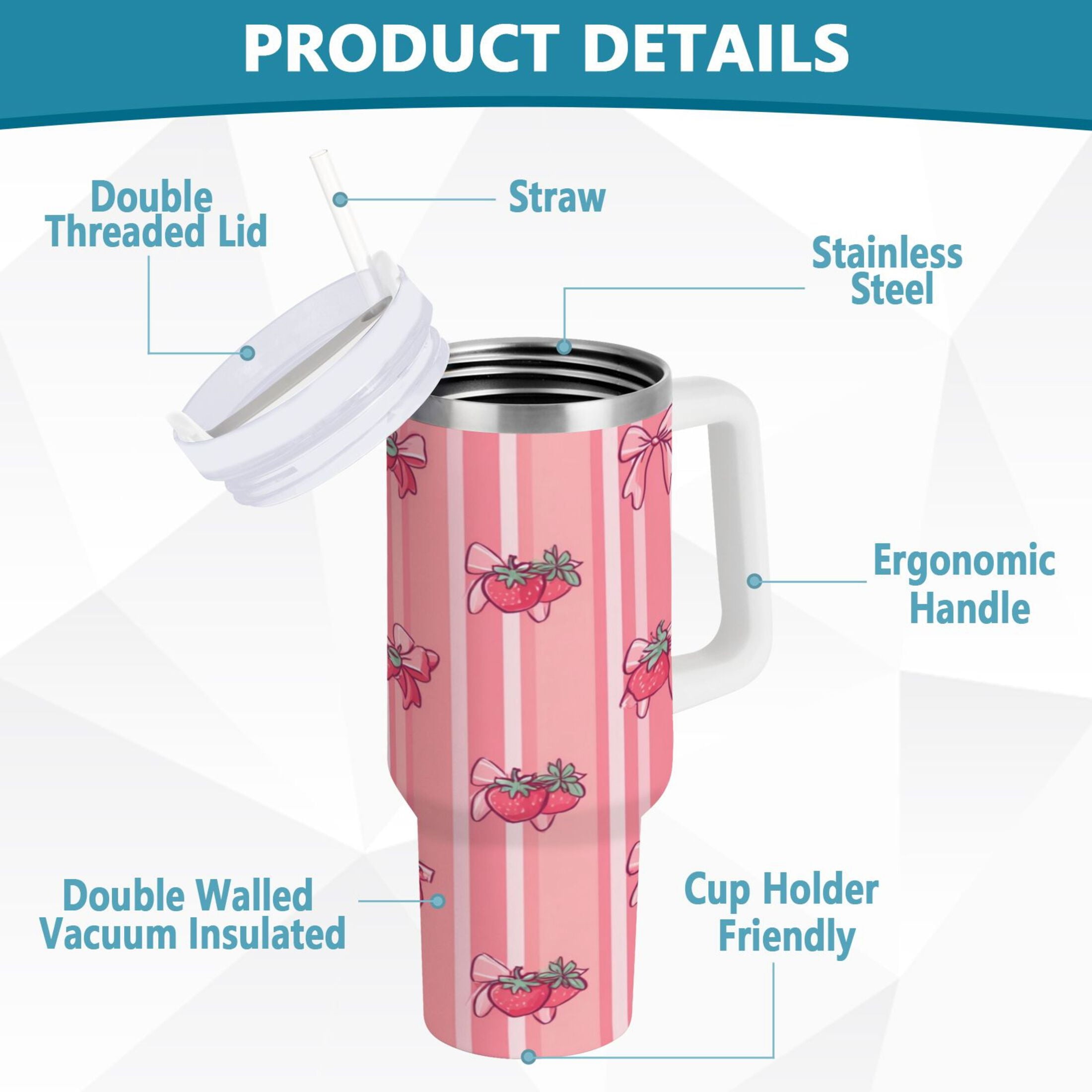 30 oz Insulated Stainless Steel Tumbler Double Wall Stainless Steel Tumbler with 2-Way Drinking Pink Bows and Strawberries - Choice 441