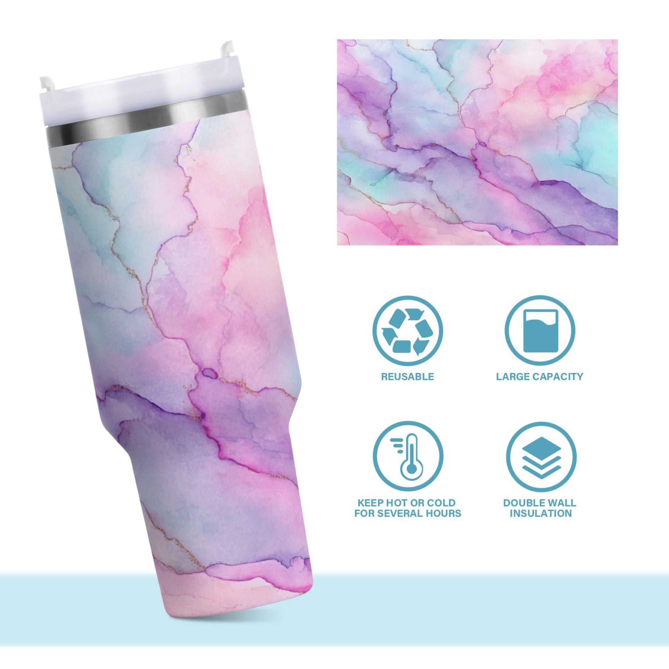 30 oz Insulated Stainless Steel Tumbler Double Wall Stainless Steel Tumbler with 2-Way Drinking Pastel Pink Marble Texture - Choice 198