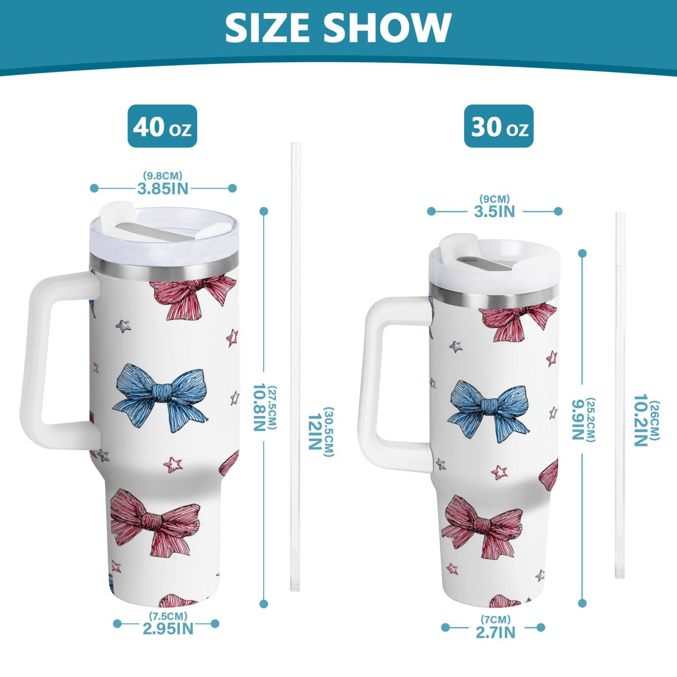 40 oz Insulated Stainless Steel Tumbler Double Wall Stainless Steel Tumbler with 2-Way Drinking Red and Blue Stripes Bows - Choice 936