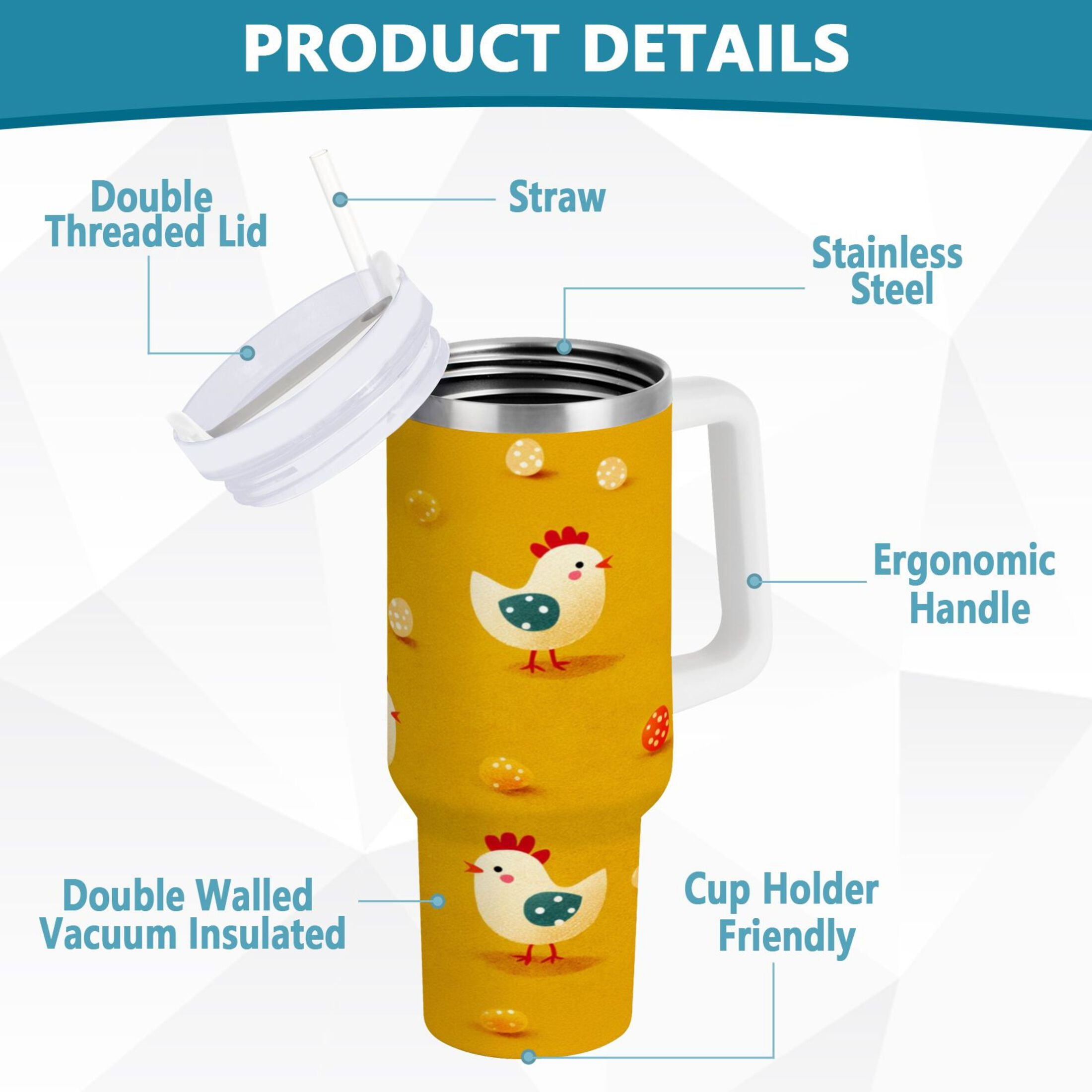 30 oz Insulated Stainless Steel Tumbler Double Wall Stainless Steel Tumbler with 2-Way Drinking Cartoon Chickens Pattern - Choice 169