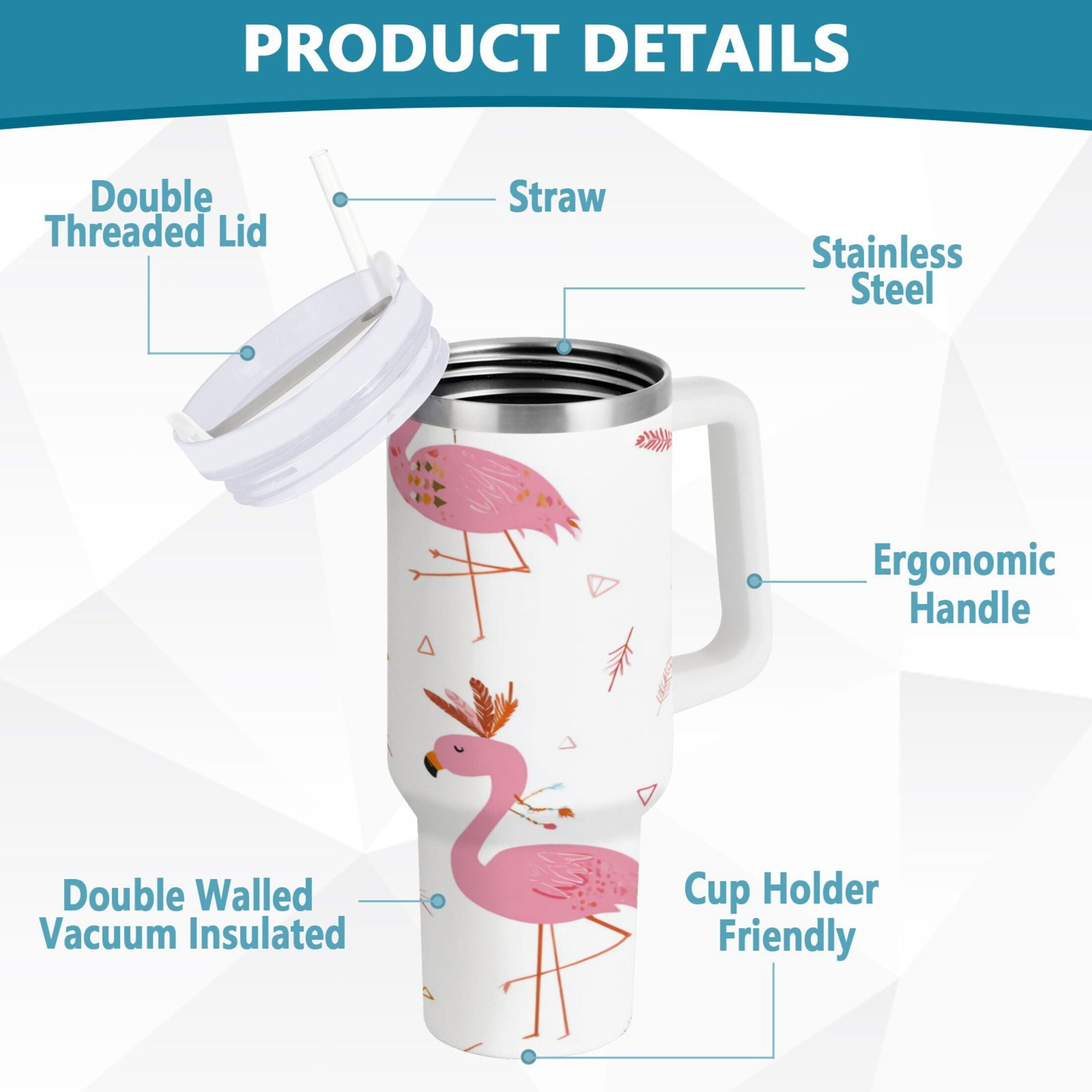 40 oz Insulated Stainless Steel Tumbler Double Wall Stainless Steel Tumbler with 2-Way Drinking Cute Pink Flamingo Pattern - Choice 828