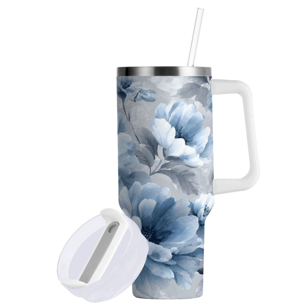40 oz Insulated Stainless Steel Tumbler Double Wall Stainless Steel Tumbler with 2-Way Drinking White Floral Pattern - Choice 733