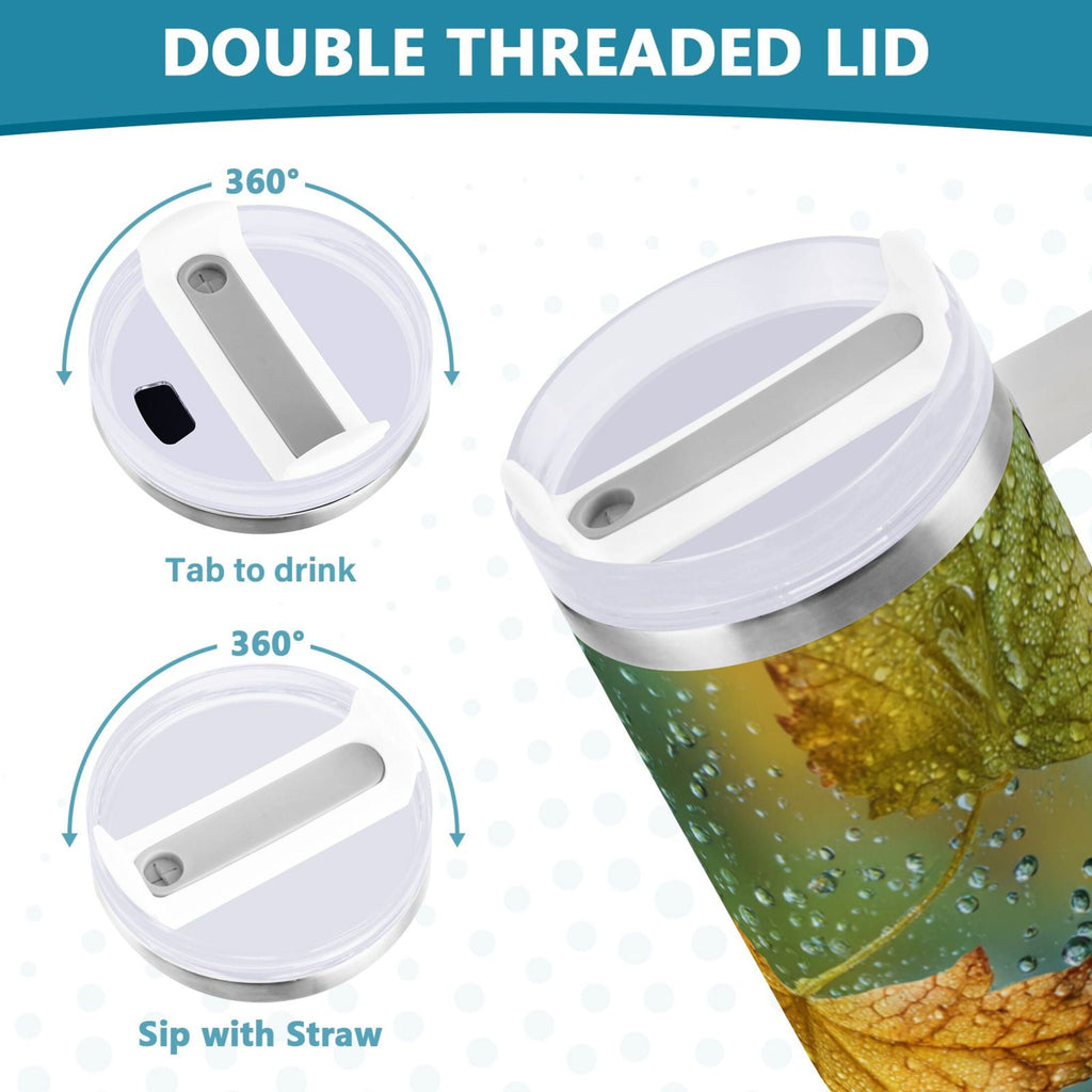 30 oz Insulated Stainless Steel Tumbler Double Wall Stainless Steel Tumbler with 2-Way Drinking Leaves with Water Droplets - Choice 218
