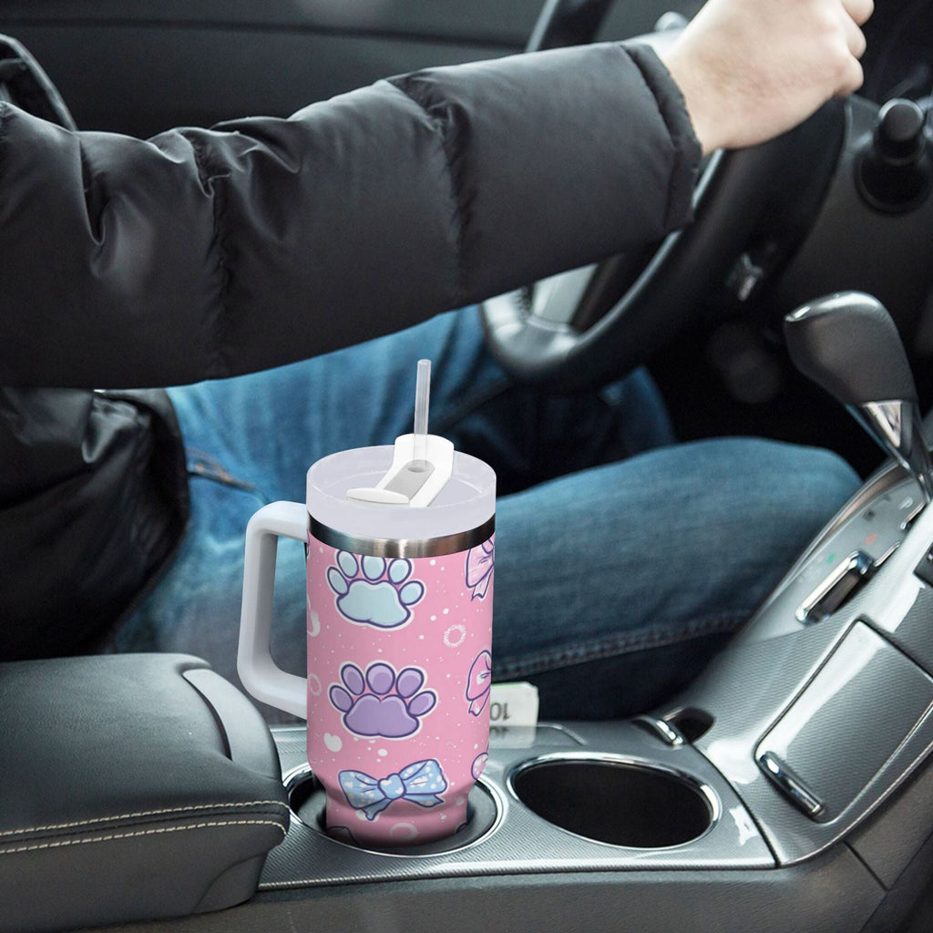 30 oz Insulated Stainless Steel Tumbler Double Wall Stainless Steel Tumbler with 2-Way Drinking Dog Paw Prints and Bows - Choice 116
