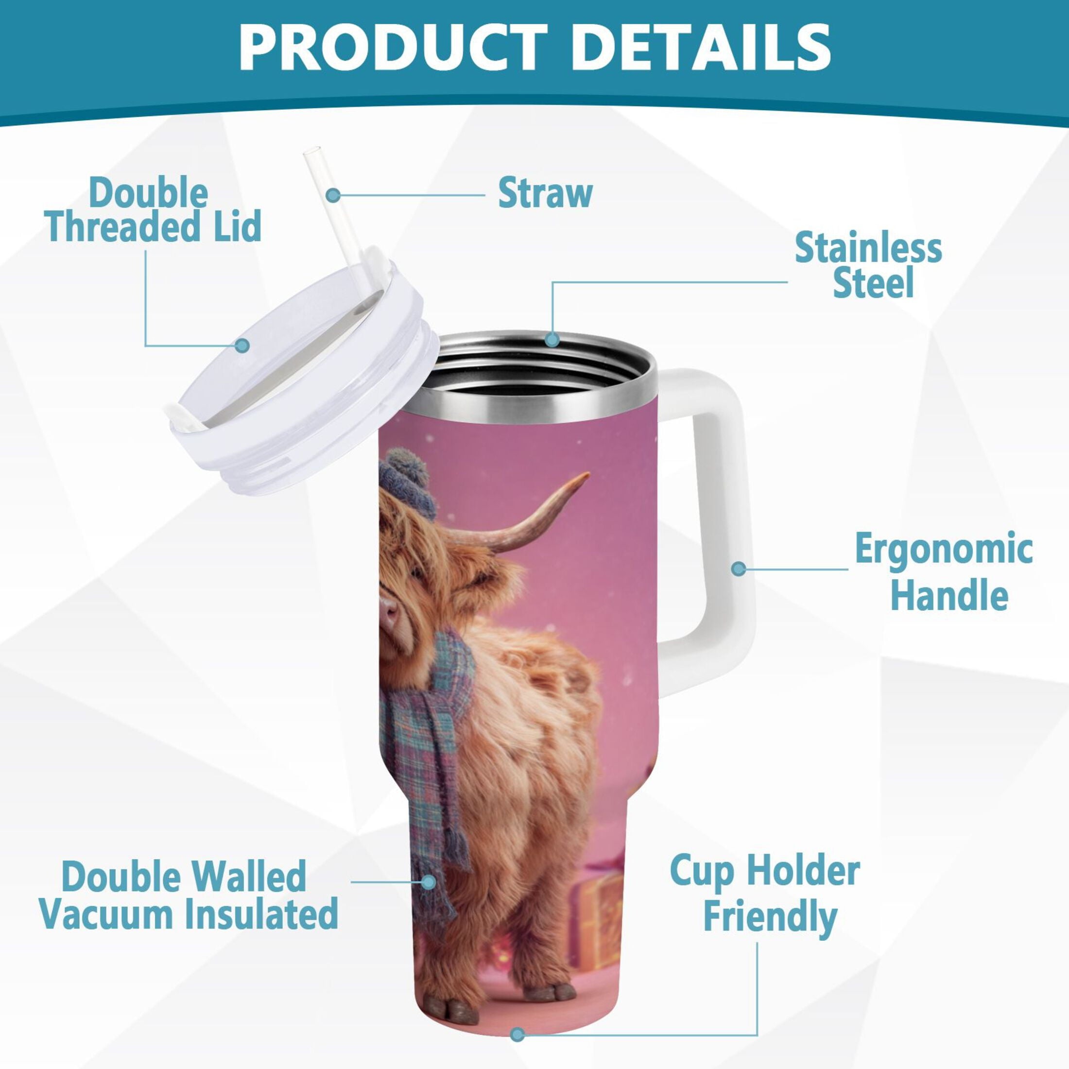 30 oz Insulated Stainless Steel Tumbler Double Wall Stainless Steel Tumbler with 2-Way Drinking Cow Wearing Christmas - Choice 125