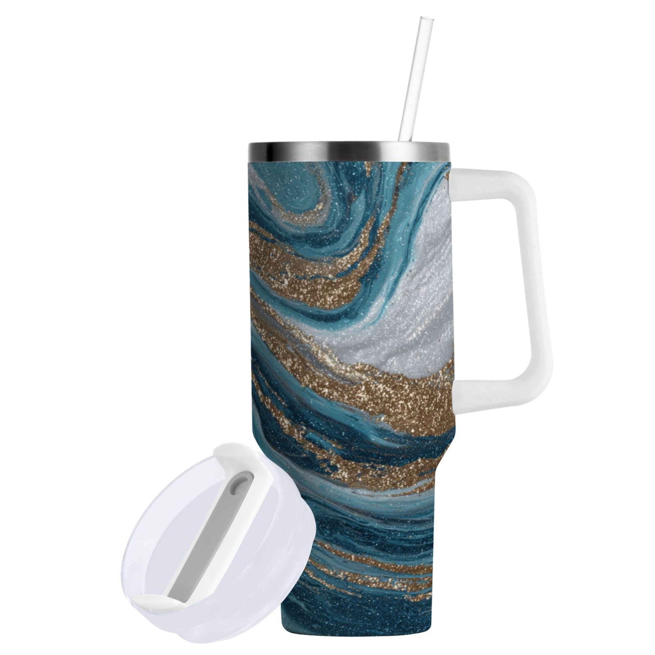 30 oz Insulated Stainless Steel Tumbler Double Wall Stainless Steel Tumbler with 2-Way Drinking Blue and Gold Swirling - Choice 682