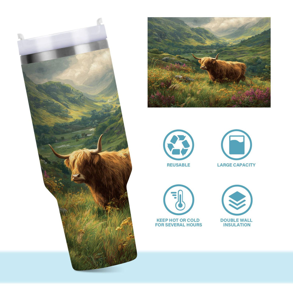 30 oz Insulated Stainless Steel Tumbler Double Wall Stainless Steel Tumbler with 2-Way Drinking Cow in Green Rolling Hills - Choice 267