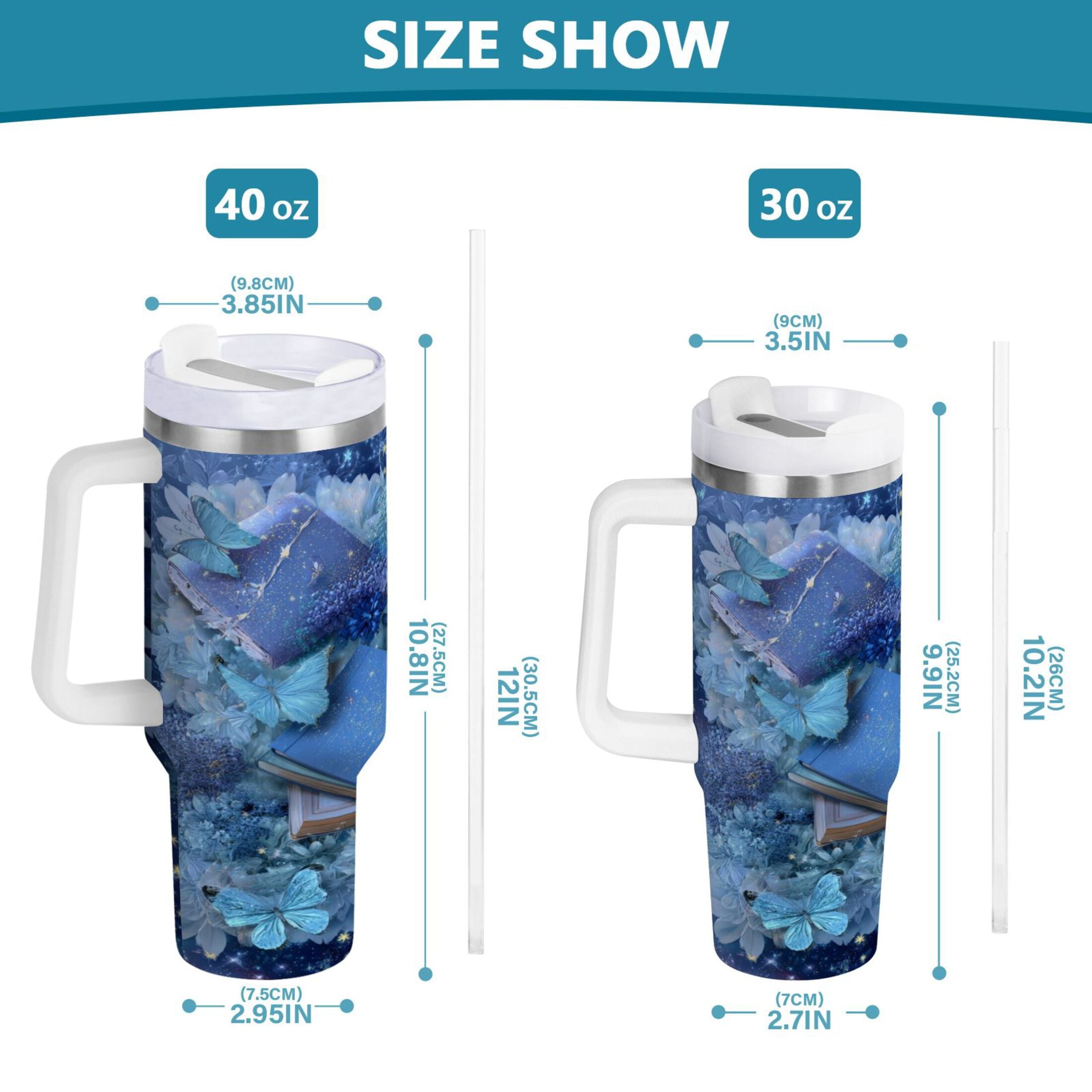 30 oz Insulated Stainless Steel Tumbler Double Wall Stainless Steel Tumbler with 2-Way Drinking Butterflies Books and Flowers - Choice 216