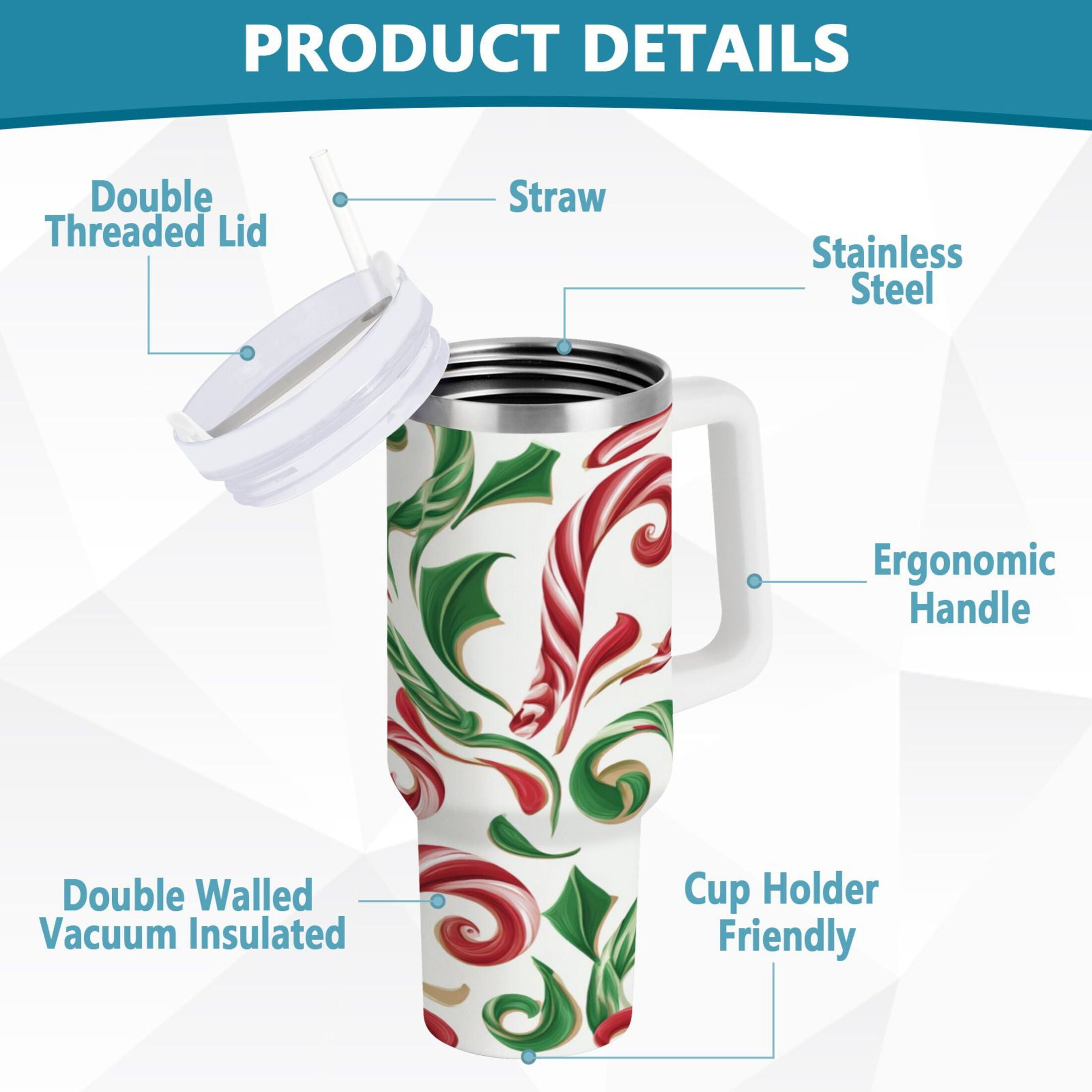 40 oz Insulated Stainless Steel Tumbler Double Wall Stainless Steel Tumbler with 2-Way Drinking Red and Green Candy-cane - Choice 817