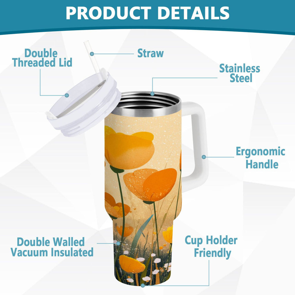 30 oz Insulated Stainless Steel Tumbler Double Wall Stainless Steel Tumbler with 2-Way Drinking Yellow Flowers on The Grass - Choice 300