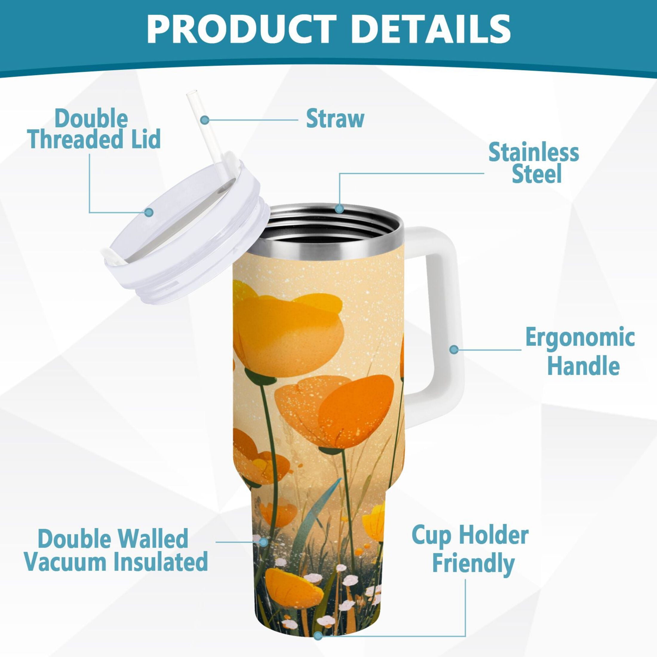 30 oz Insulated Stainless Steel Tumbler Double Wall Stainless Steel Tumbler with 2-Way Drinking Yellow Flowers on The Grass - Choice 300